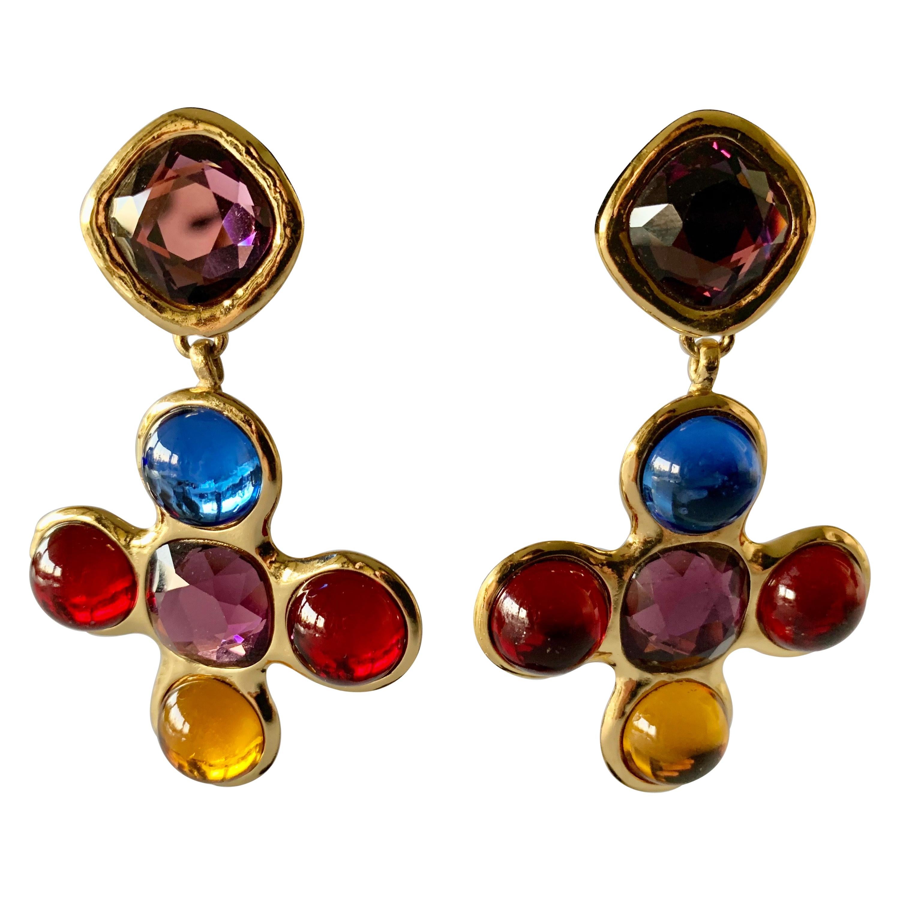 Vintage Yves Saint Laurent Gold Multi Color Cross Earrings 