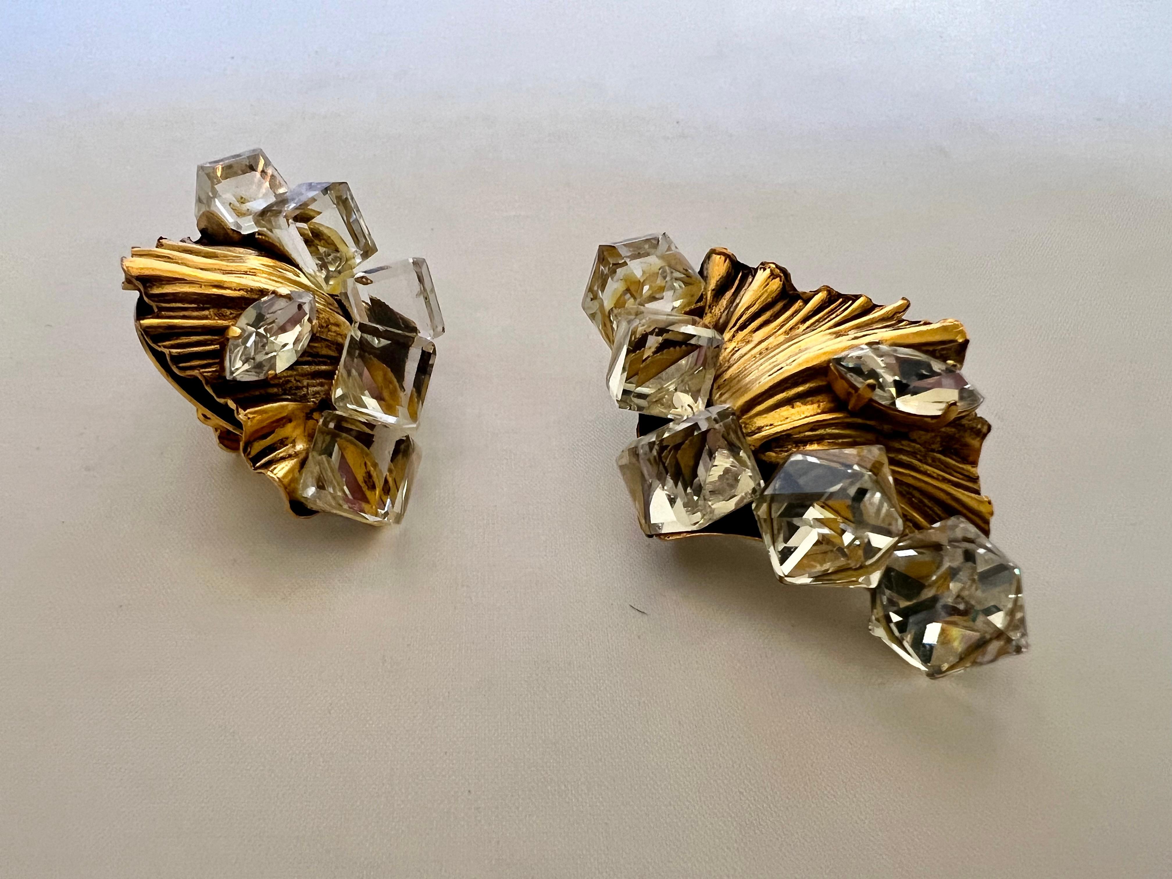 Square Cut Vintage Yves Saint Laurent Gold Ornate Crystal Earrings 