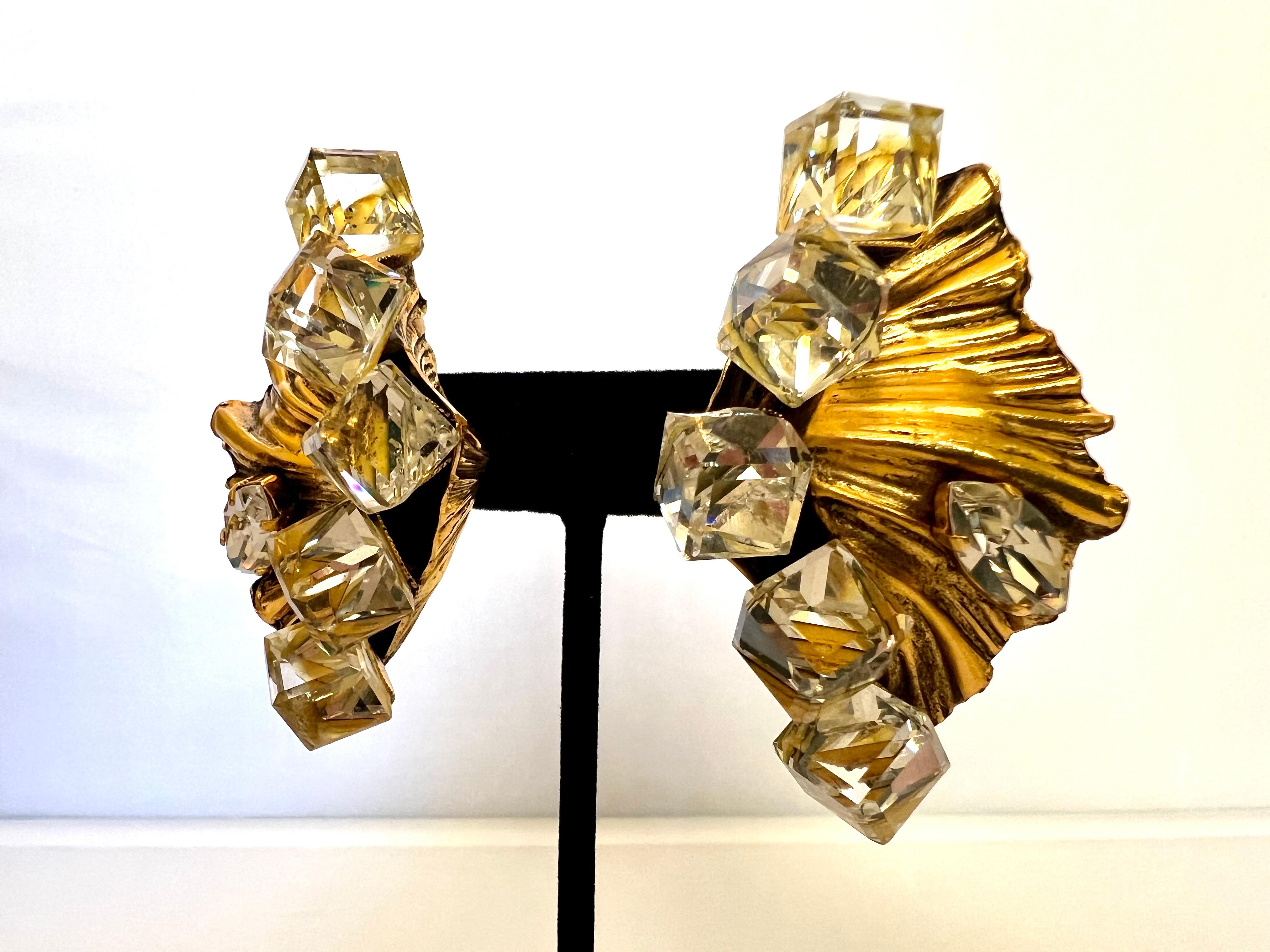 Vintage Yves Saint Laurent Gold Ornate Crystal Earrings  In Excellent Condition In Palm Springs, CA