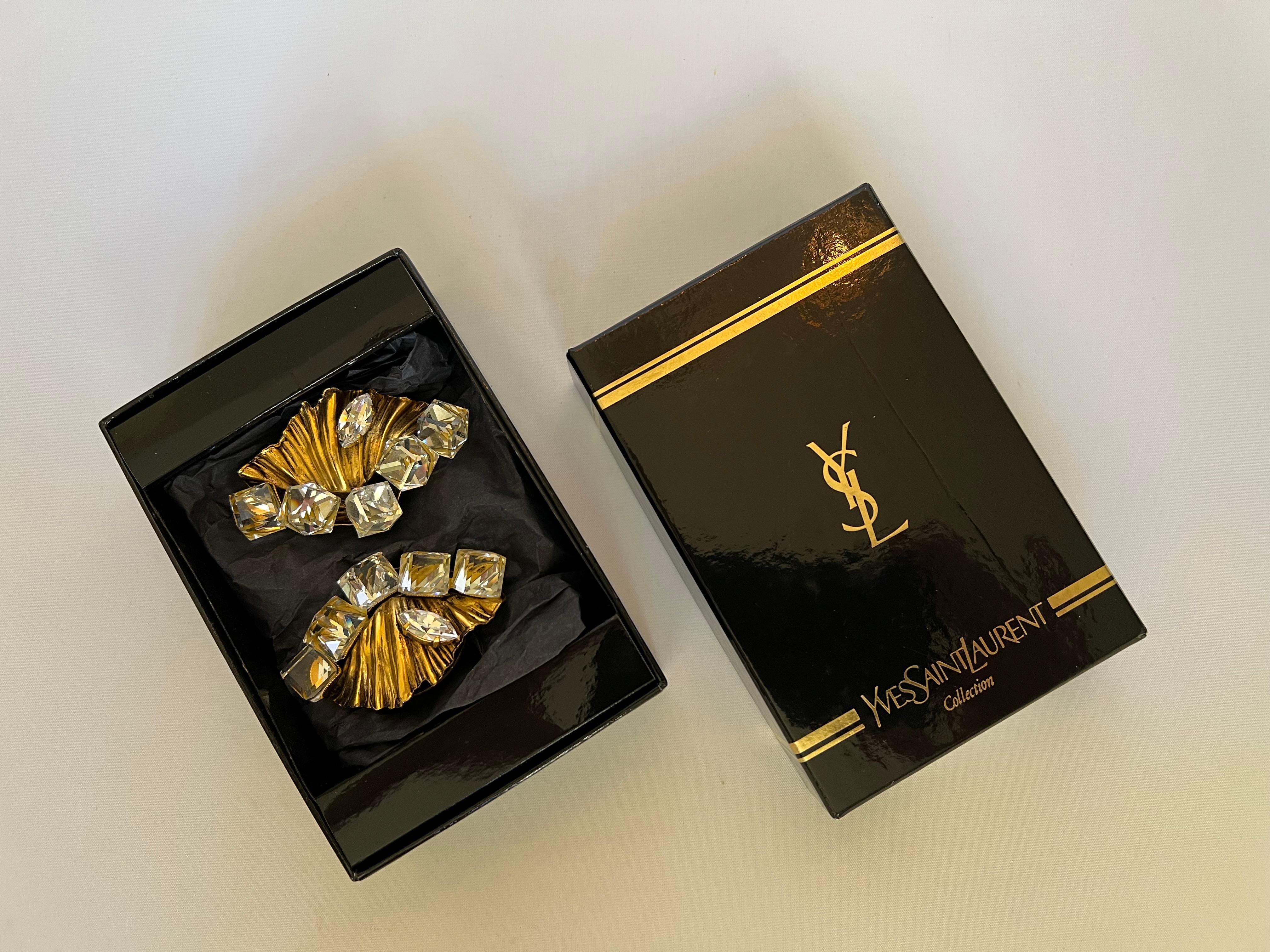 Vintage Yves Saint Laurent Gold Ornate Crystal Earrings  1