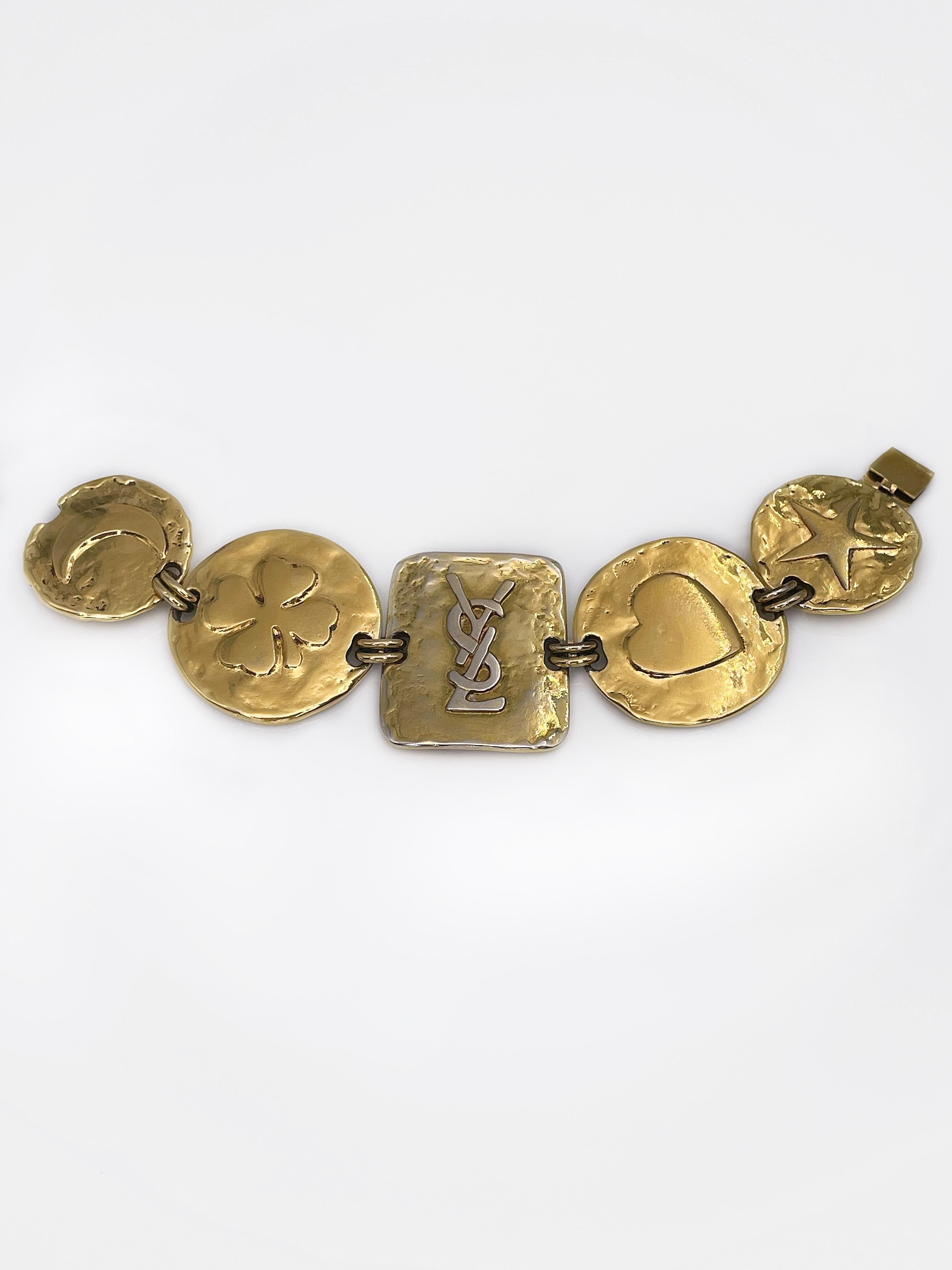 Vintage Yves Saint Laurent Gold Plated Bracelet with YSL logo In Good Condition In Vilnius, LT