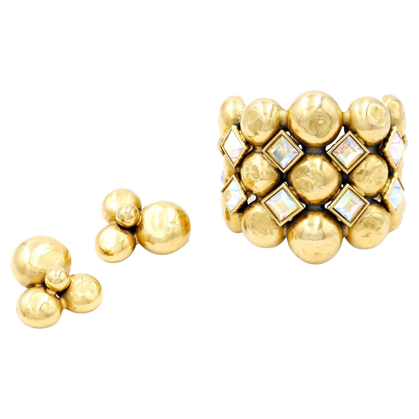 Yves Saint Laurent Gold Plated Bubble Vintage Cuff Bracelet & Earrings Set For Sale