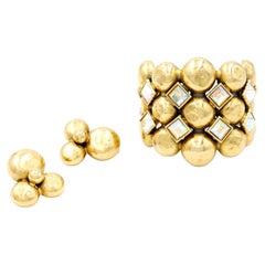 Yves Saint Laurent Gold Plated Bubble Vintage Cuff Bracelet & Earrings Set