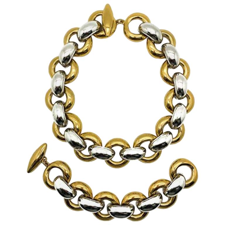 Vintage Yves Saint Laurent Gold & Silver Chunky Link Necklace & Bracelet 1970s