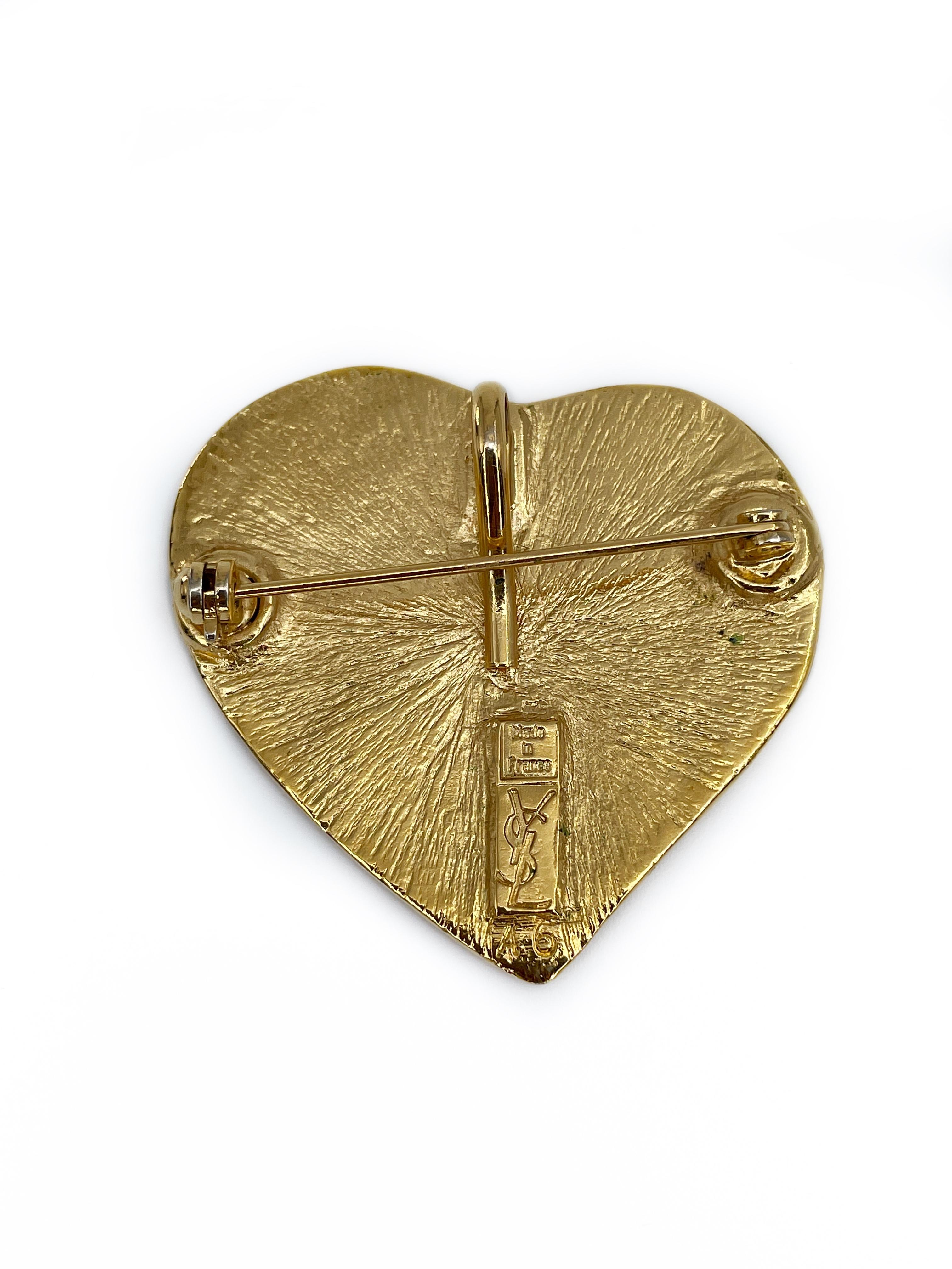 1980s Vintage Yves Saint Laurent Gold Tone Heart Pendant Brooch  In Good Condition In Vilnius, LT