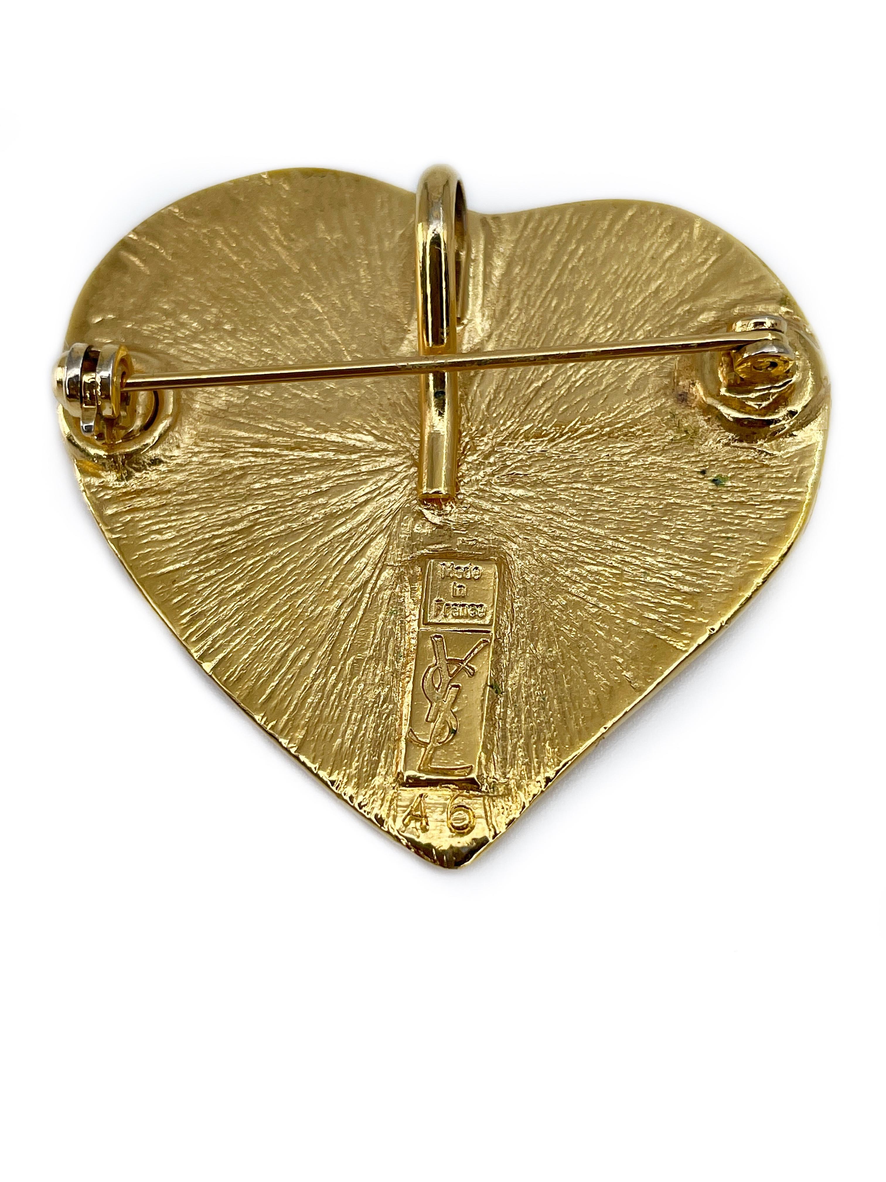 1980s Vintage Yves Saint Laurent Gold Tone Heart Pendant Brooch  1