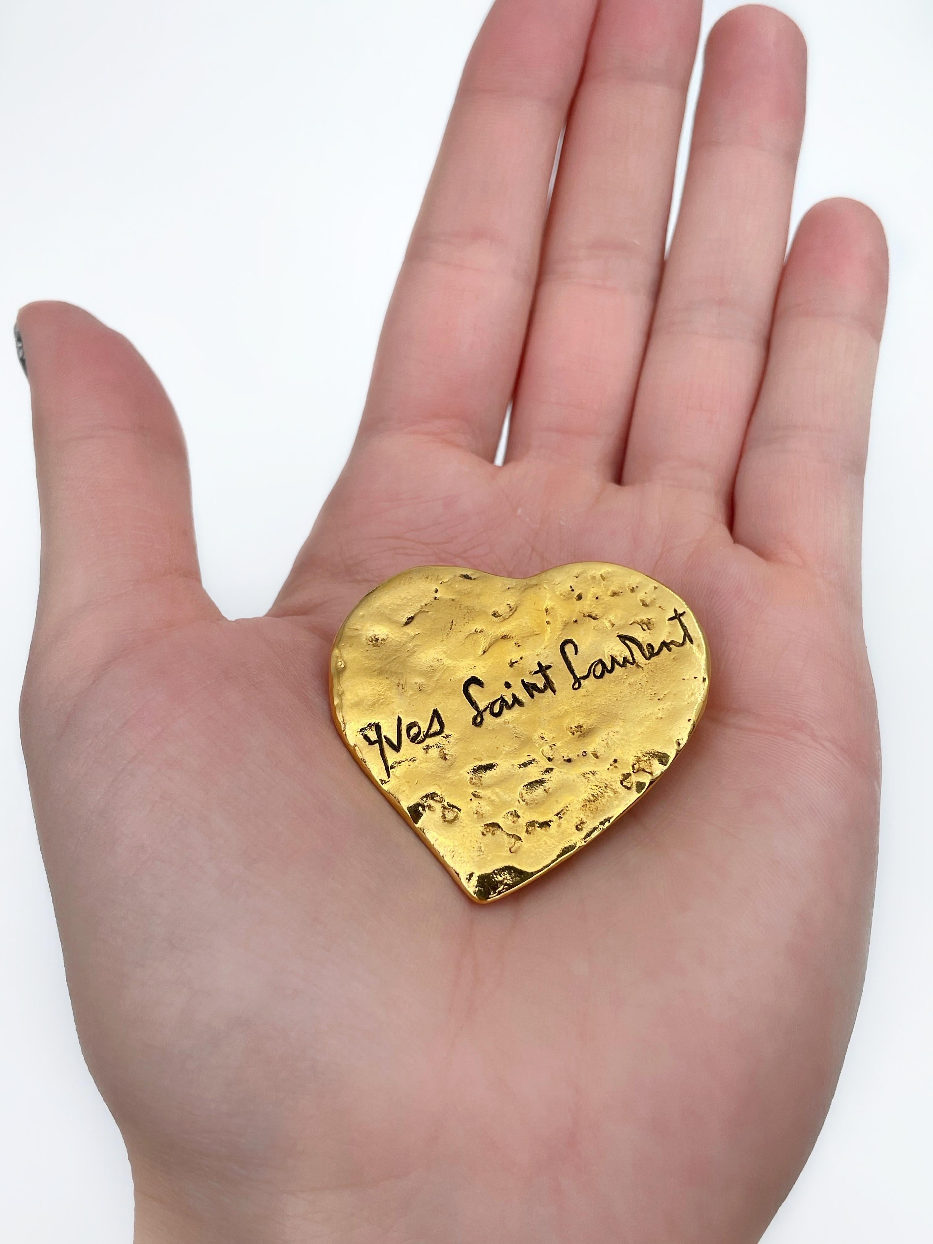 1980s Vintage Yves Saint Laurent Gold Tone Heart Pendant Brooch 2