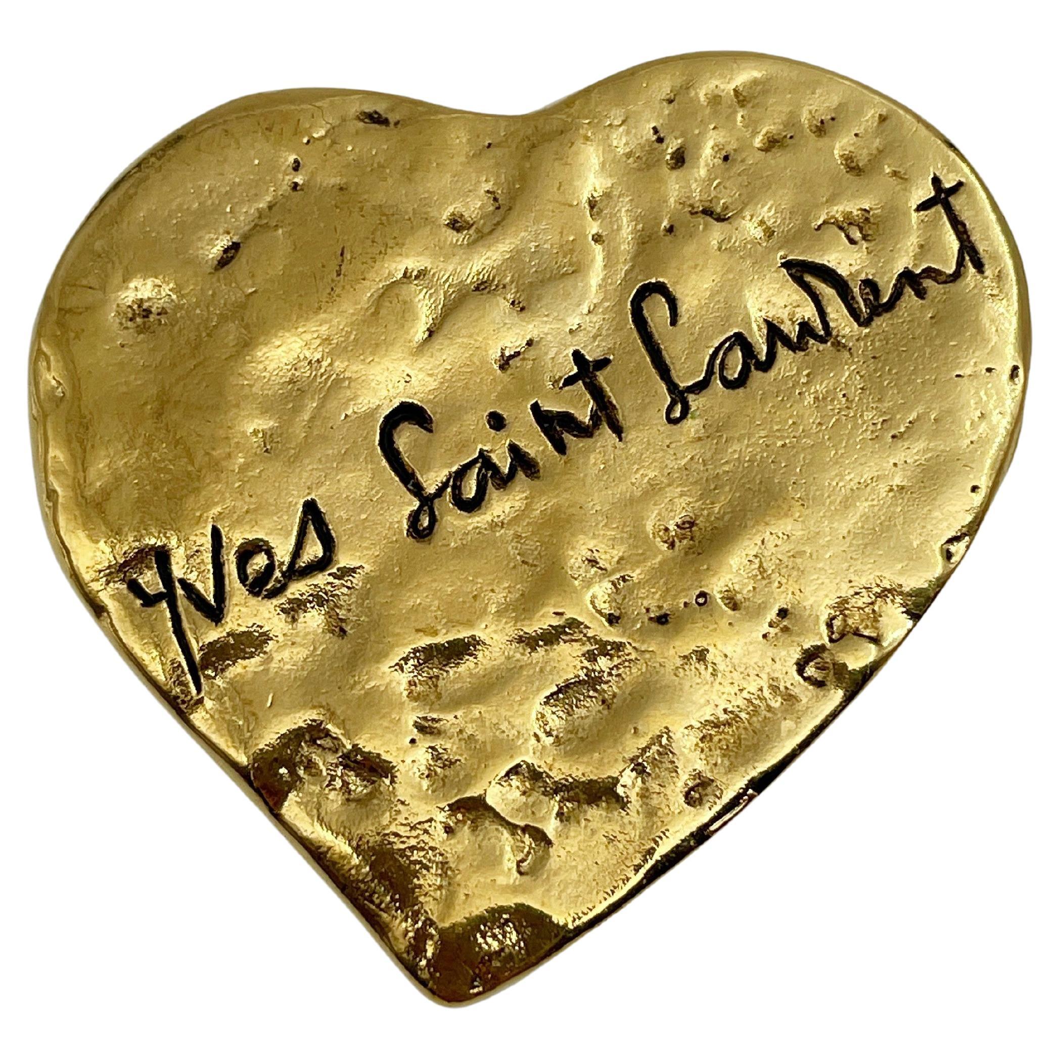 1980s Vintage Yves Saint Laurent Gold Tone Heart Pendant Brooch 