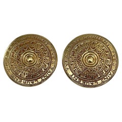 Vintage Yves Saint Laurent Gold Tone Large Round Geometric Clip On Earrings