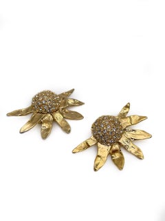 Vintage Yves Saint Laurent Gold Tone Rhinestone Large Sunflower Clip on Earrings