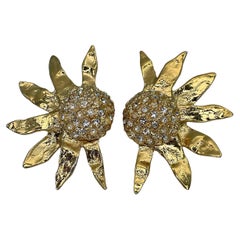 Vintage Yves Saint Laurent Gold Tone Rhinestone Large Sunflower Clip on Earrings