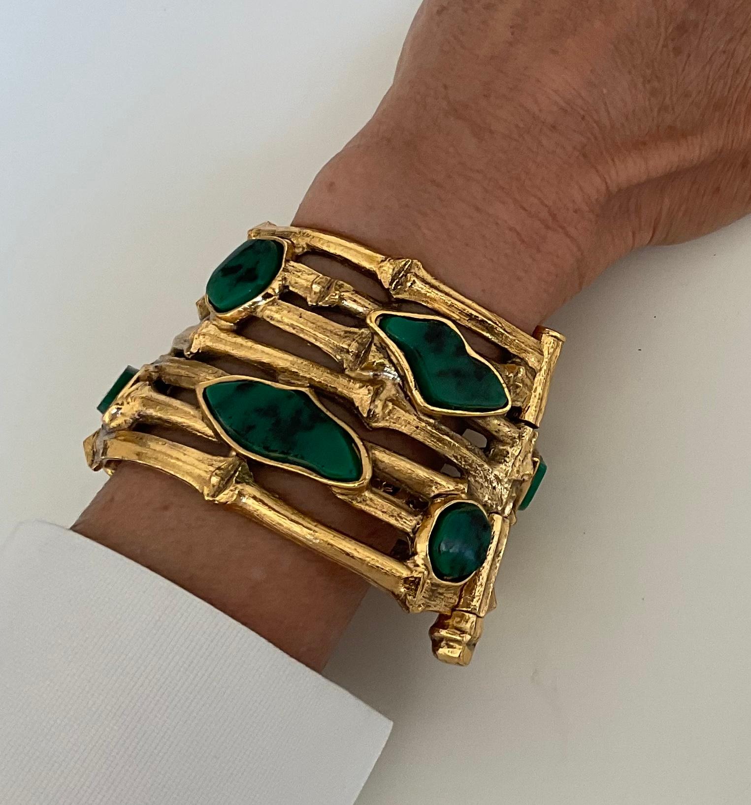 Vintage YVES SAINT LAURENT 70's Gold & Green Stones Cuff For Sale 2