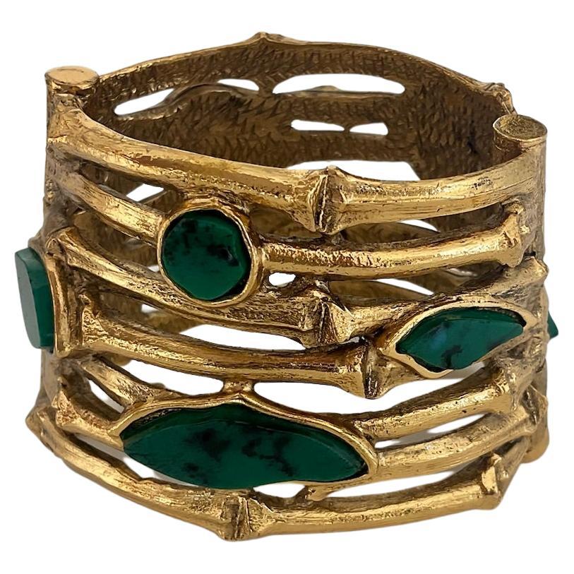 Vintage YVES SAINT LAURENT 70's Gold & Green Stones Cuff