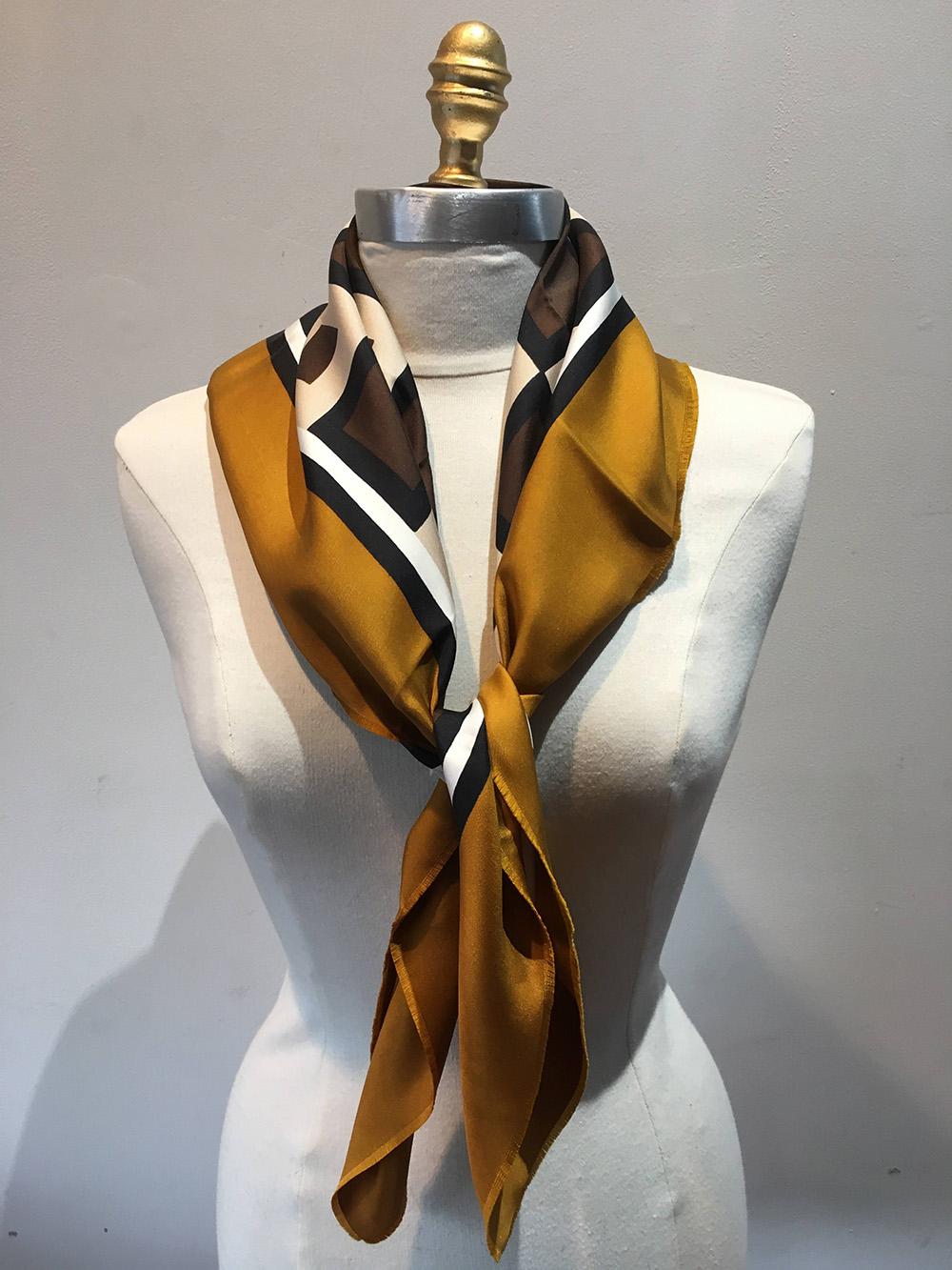 Brown Vintage Yves Saint Laurent Golden Checkered Silk Scarf