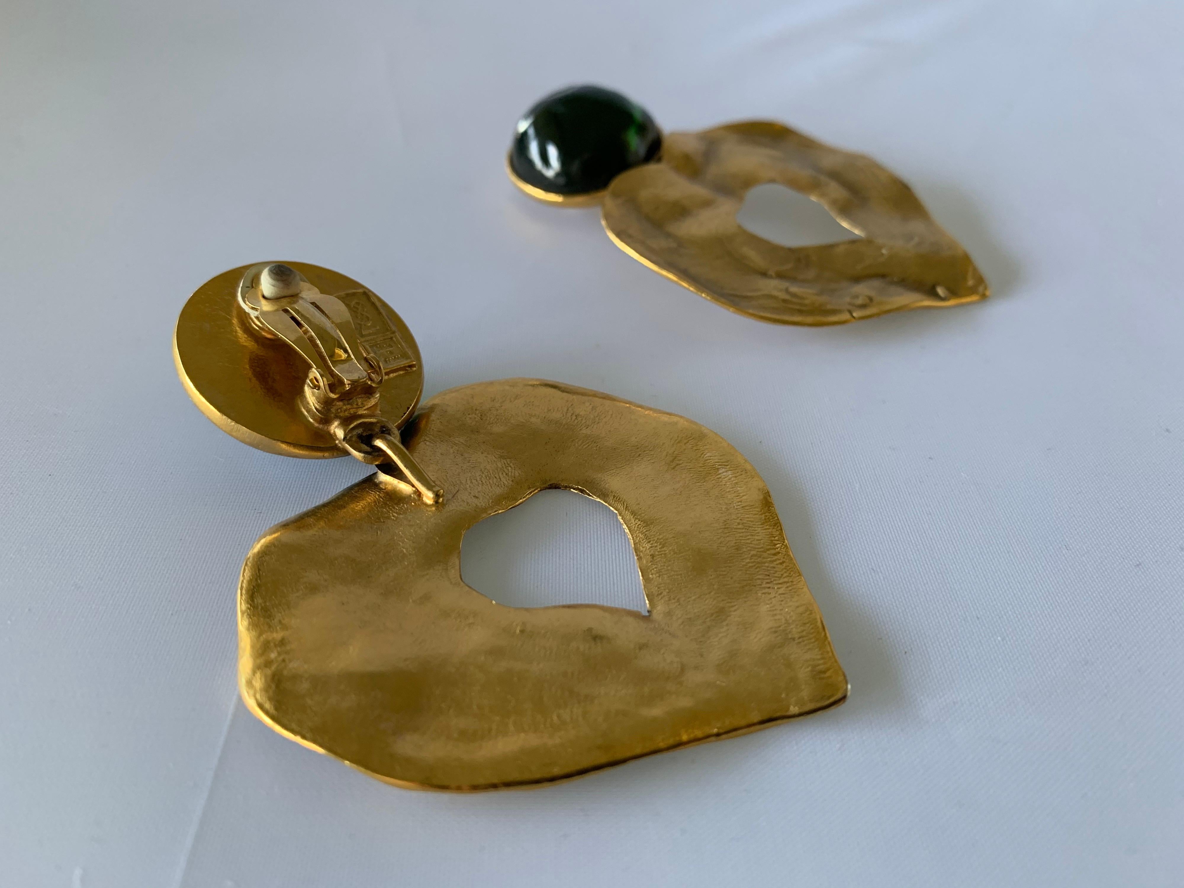 Contemporary Vintage Yves Saint Laurent Green and Gold Heart Statement Earrings 