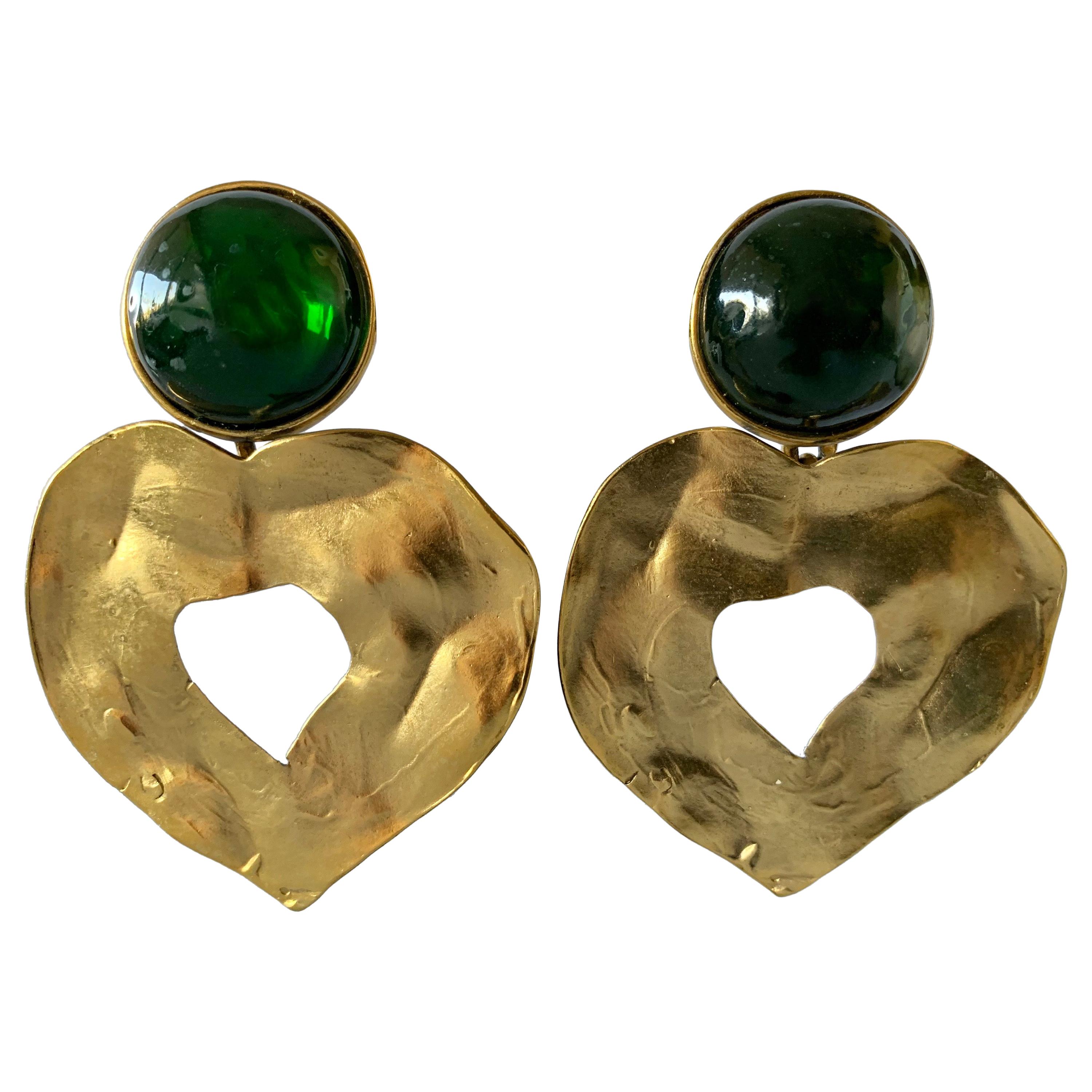 Vintage Yves Saint Laurent Green and Gold Heart Statement Earrings 