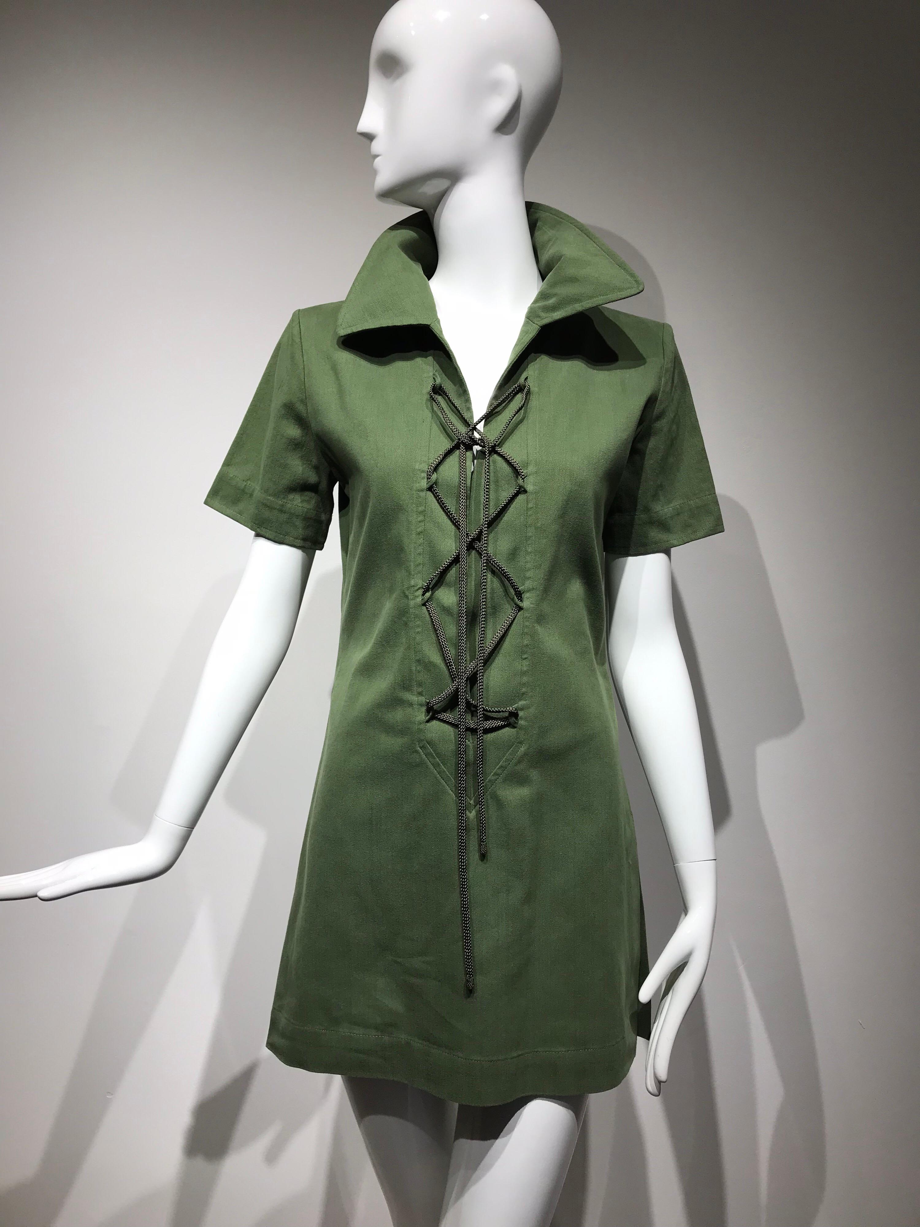 Vintage Yves Saint Laurent Green Cotton Safari Mini Dress 7