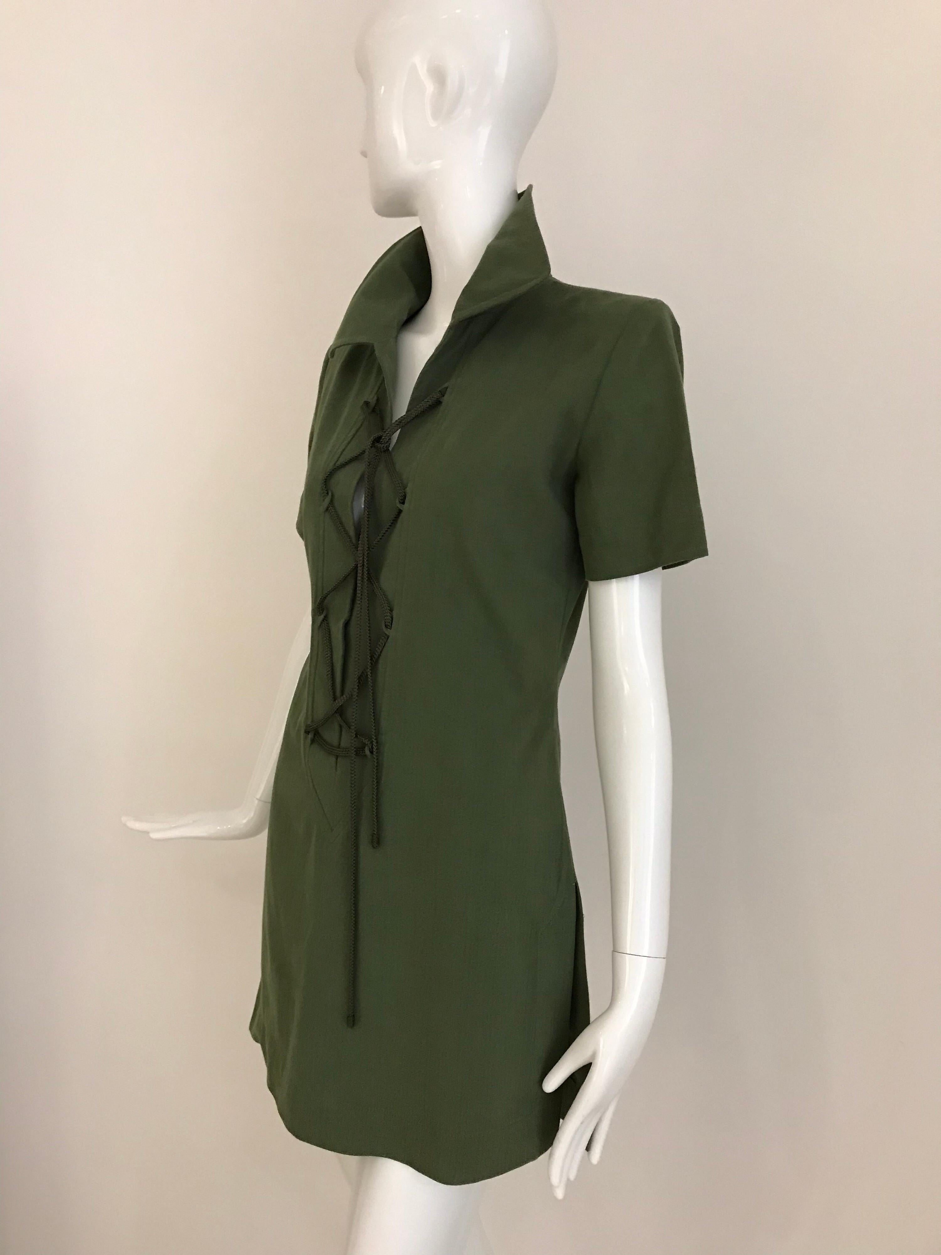 Vintage Yves Saint Laurent Green Cotton Safari Mini Dress 8