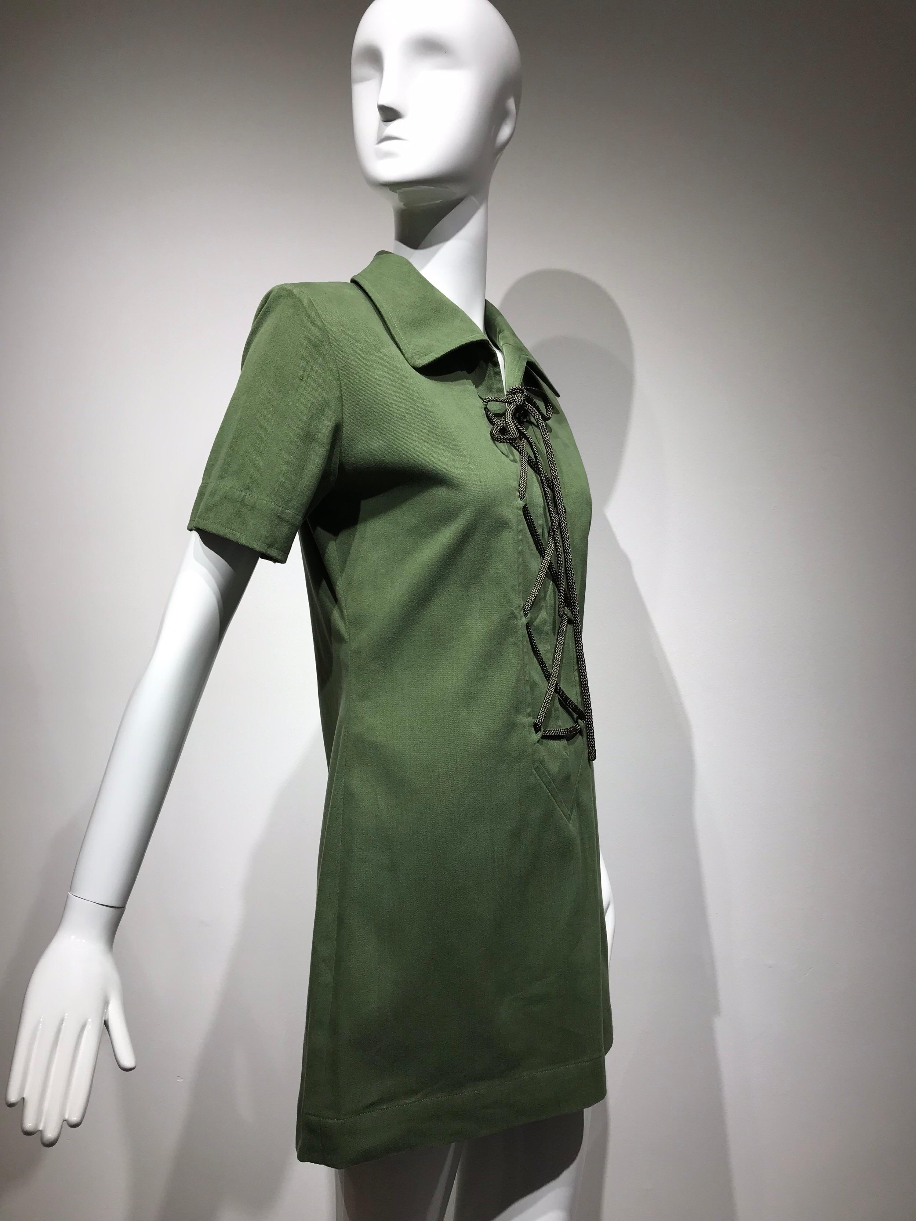 Vintage Yves Saint Laurent Green Cotton Safari Mini Dress 9
