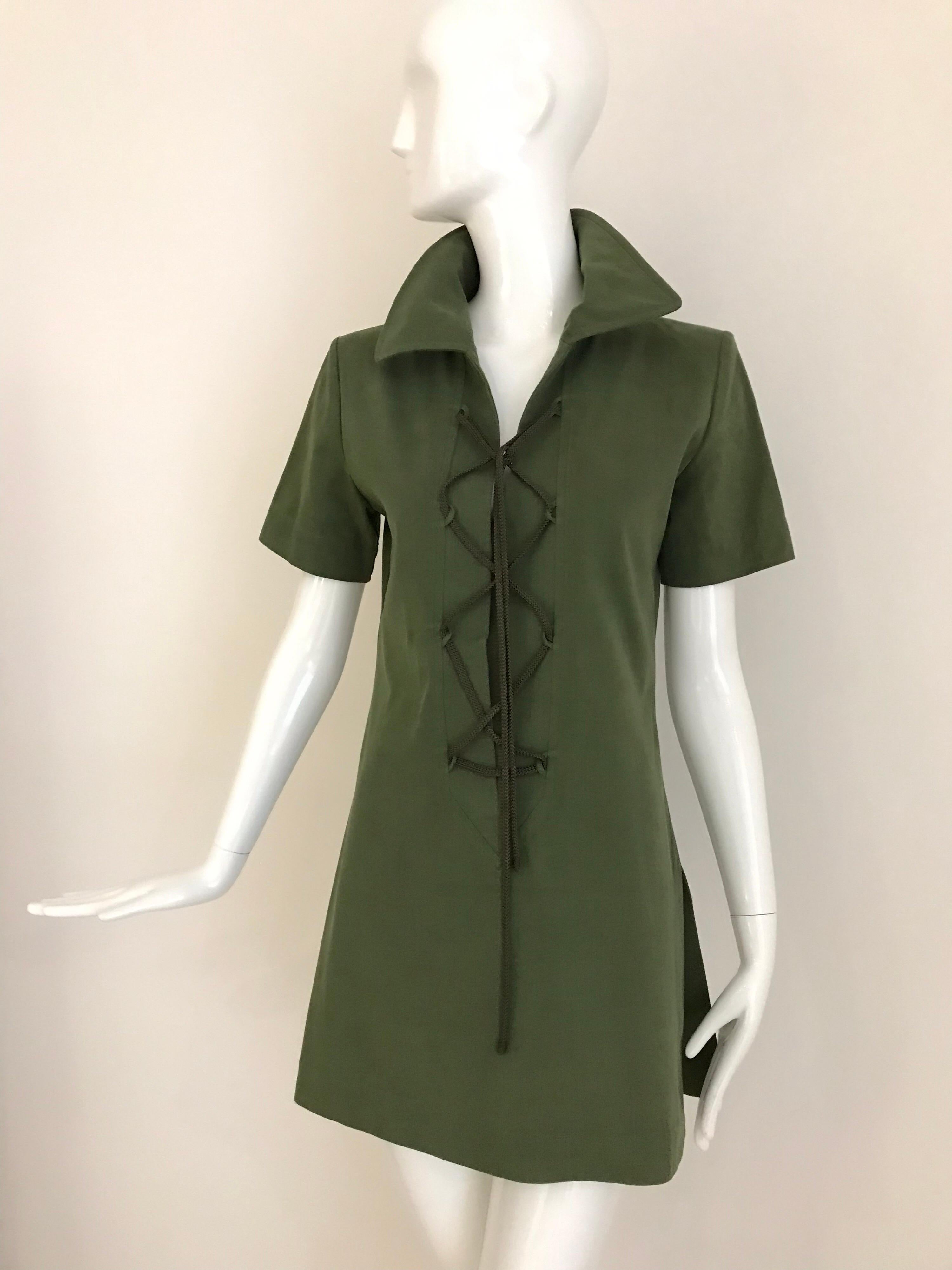 Vintage Yves Saint Laurent Green Cotton Safari Mini Dress In Good Condition In Beverly Hills, CA