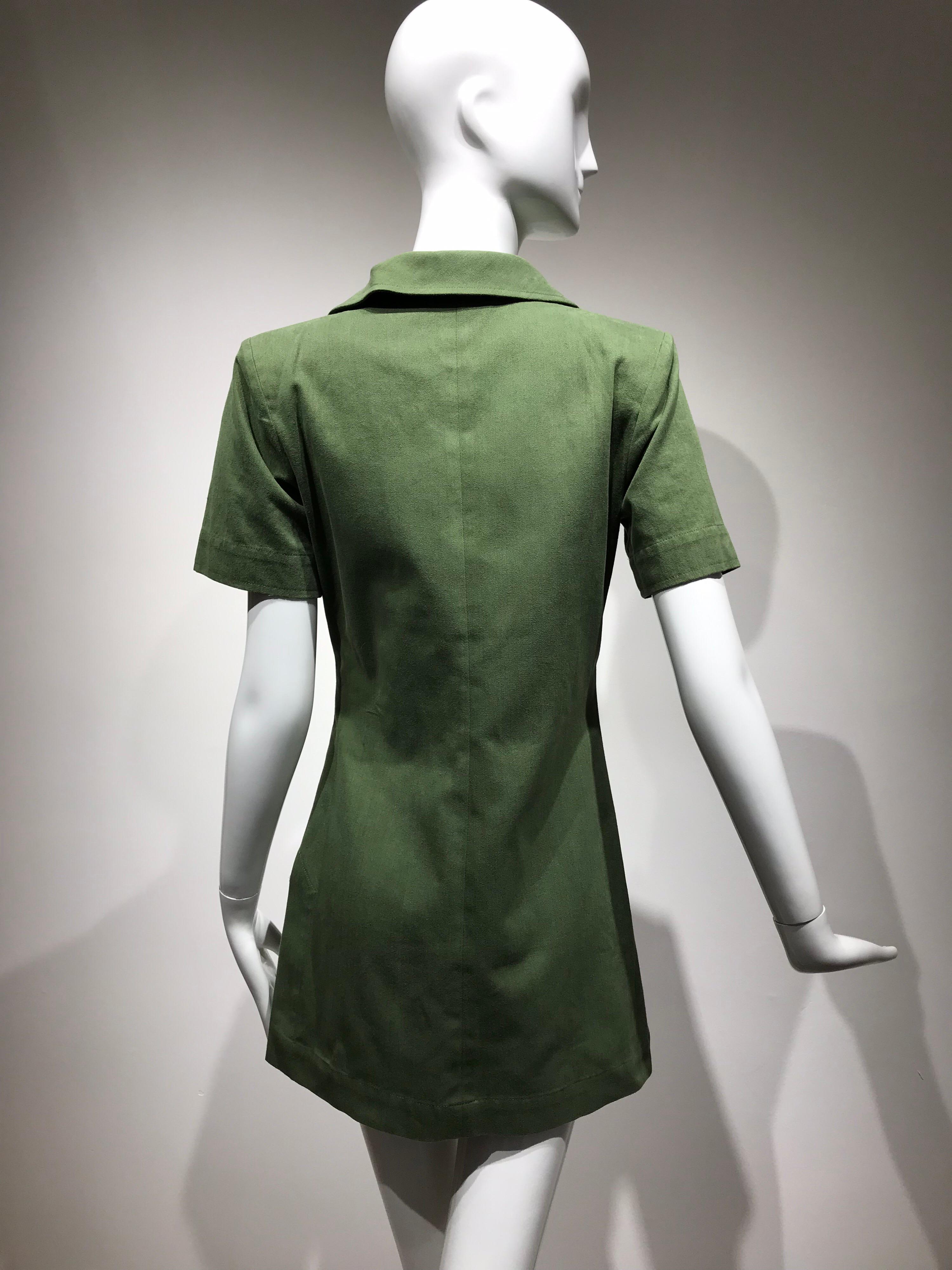 Vintage Yves Saint Laurent Green Cotton Safari Mini Dress 3