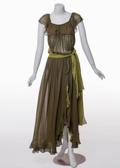 Vintage  Yves Saint Laurent - Robe de soirée déesse à volants en mousseline de soie verte YSL