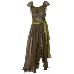 Vintage  Yves Saint Laurent Green Silk Chiffon Ruffled Goddess Evening Gown YSL