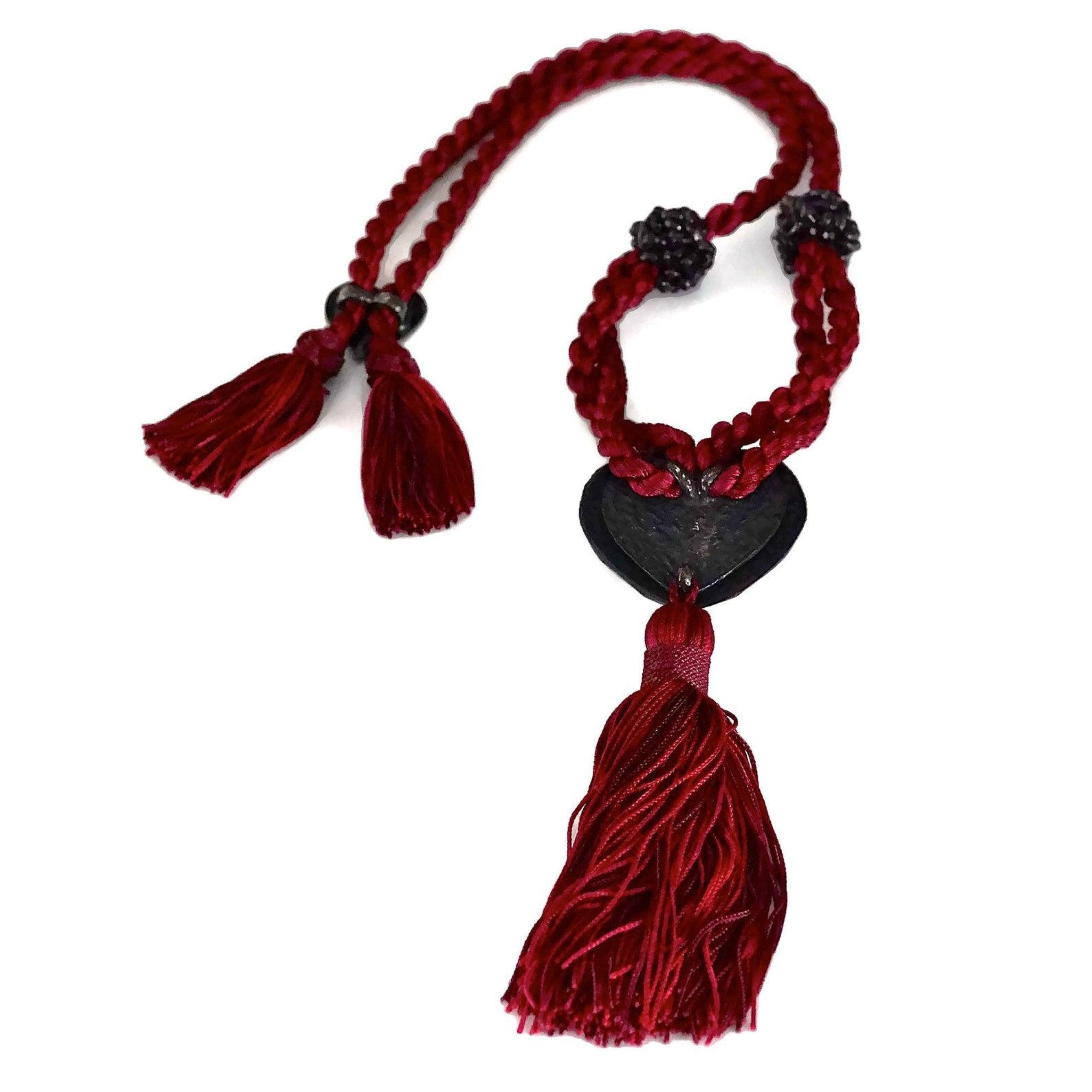Vintage YVES SAINT LAURENT Gripoix Wooden Heart Tassel Passementerie Necklace For Sale 3