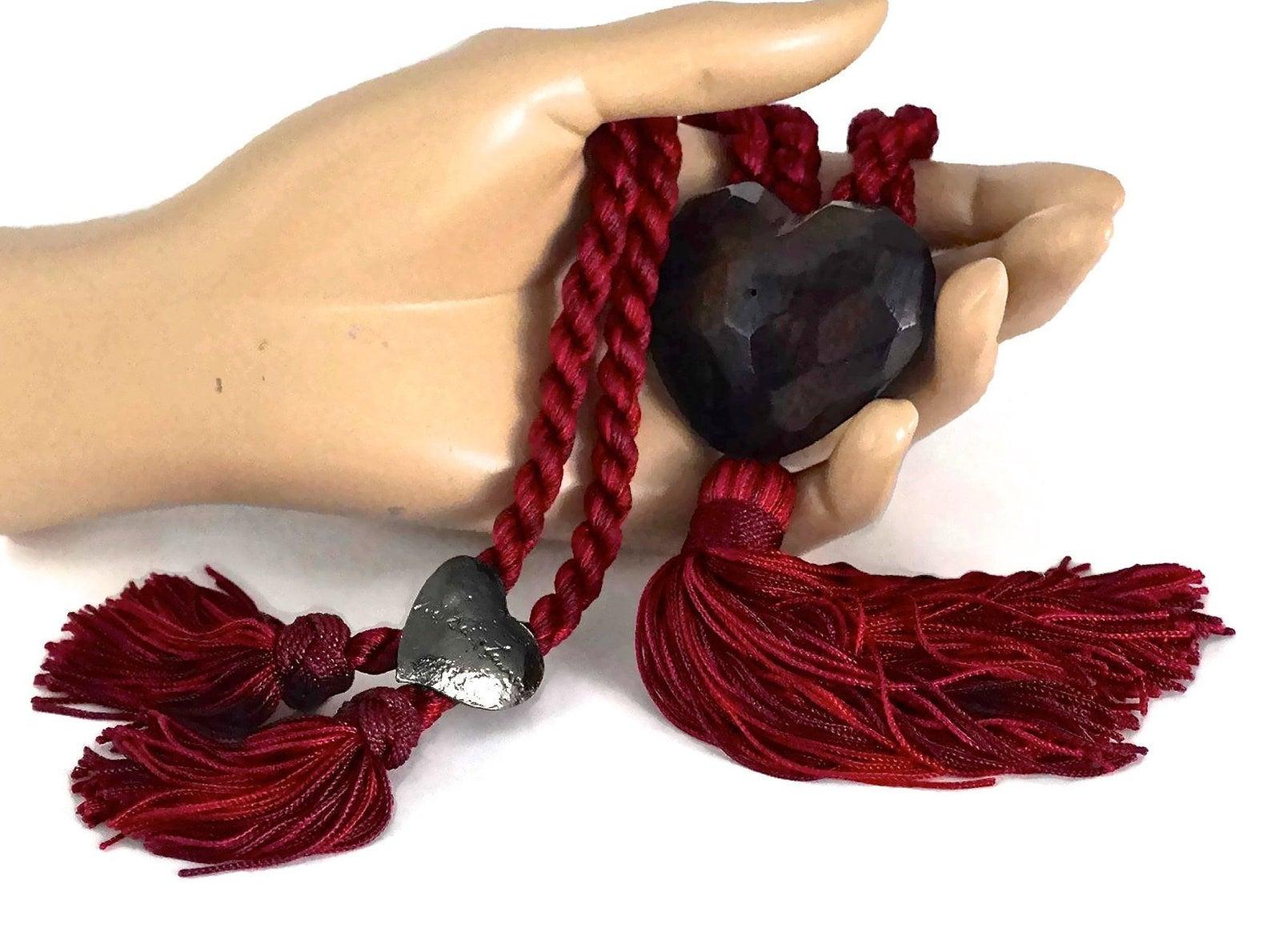 Vintage YVES SAINT LAURENT Gripoix Wooden Heart Tassel Passementerie Necklace For Sale 2