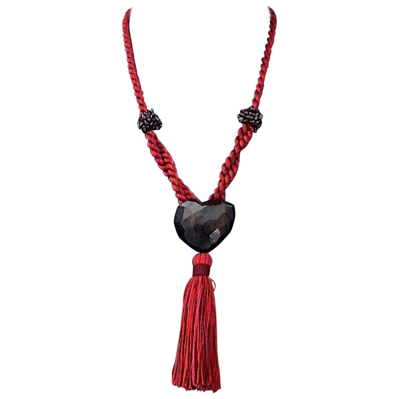 Vintage YVES SAINT LAURENT Gripoix Wooden Heart Tassel Passementerie Necklace For Sale