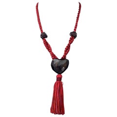 Vintage YVES SAINT LAURENT Gripoix Wooden Heart Tassel Passementerie Necklace