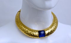 Vintage YVES SAINT LAURENT Hammered Blue Stone Rigid Choker Necklace