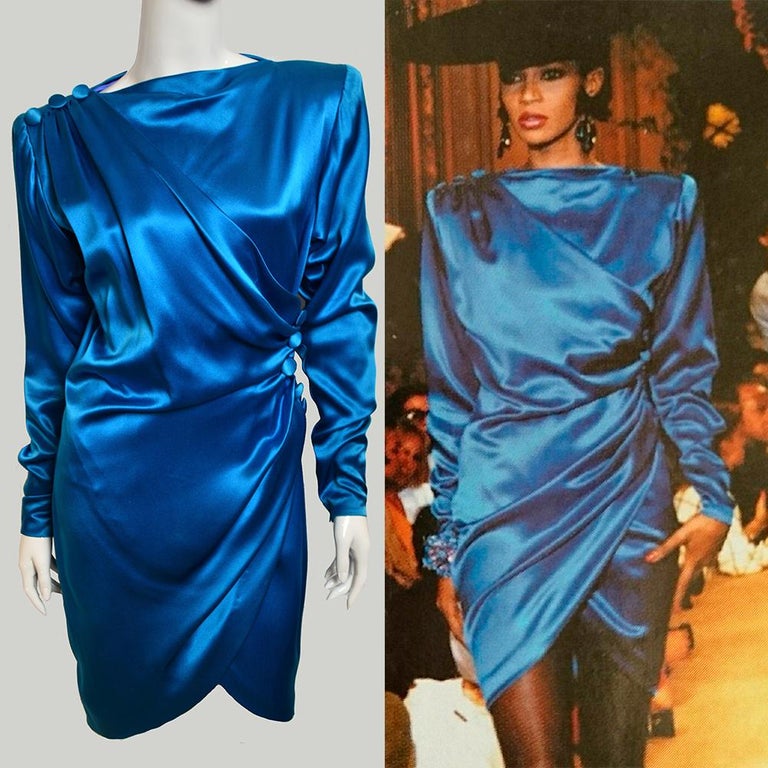 Vintage Yves Saint Laurent Haute Couture electric blue documented dress ...