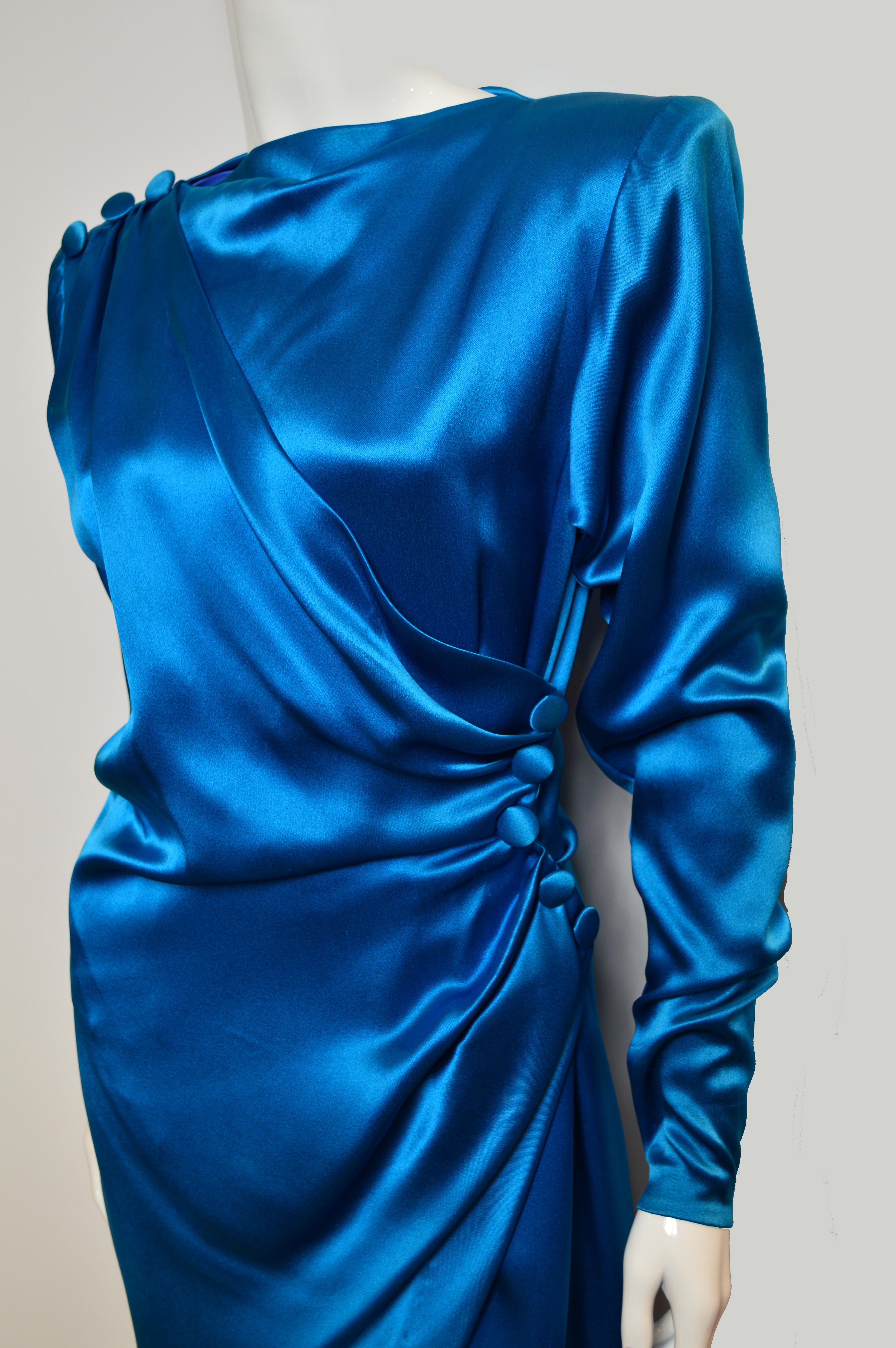 Blue Vintage Yves Saint Laurent Haute Couture electric blue documented dress, 1987 For Sale