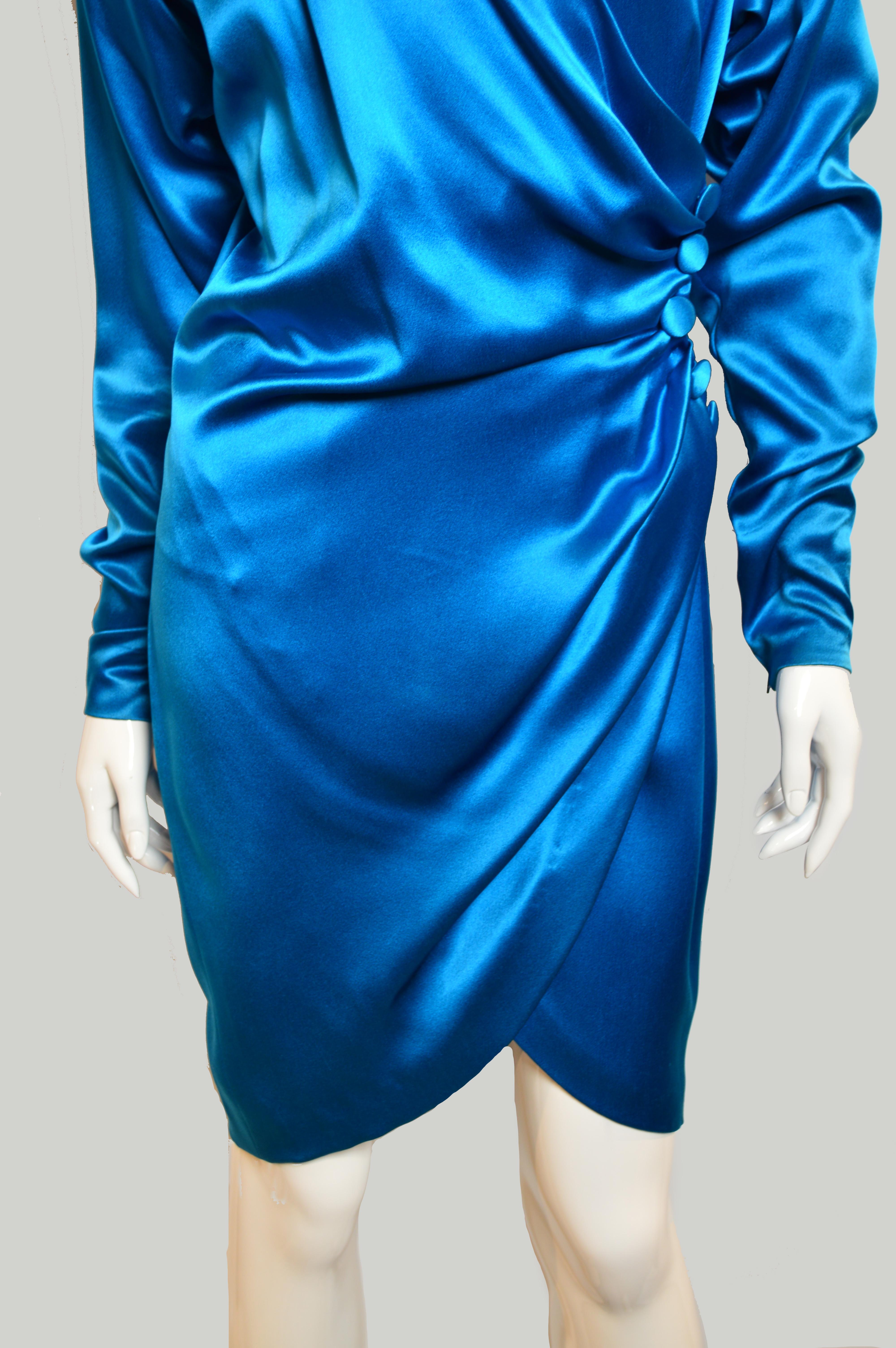 Women's Vintage Yves Saint Laurent Haute Couture electric blue documented dress, 1987 For Sale