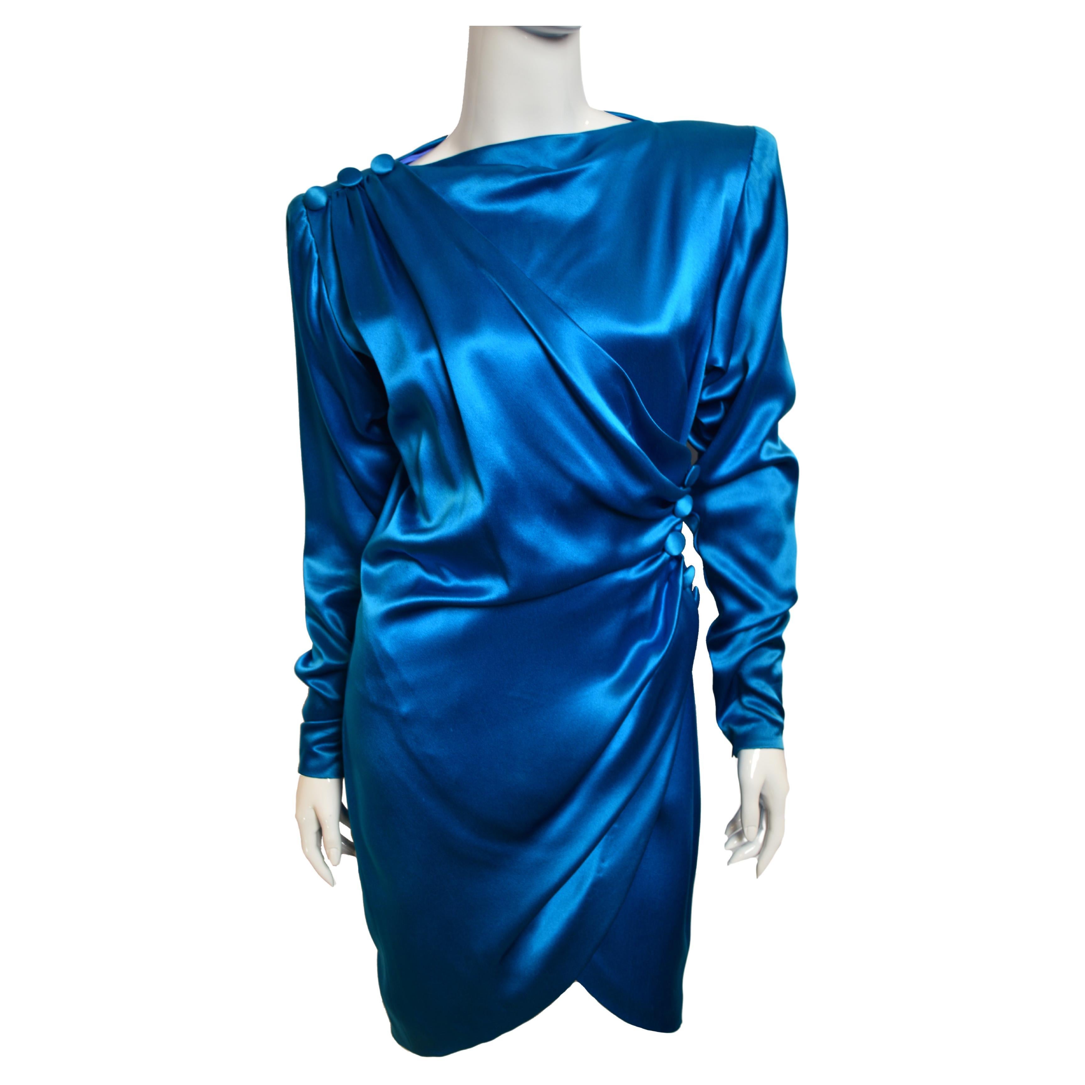 Vintage Yves Saint Laurent Haute Couture electric blue documented dress, 1987 For Sale