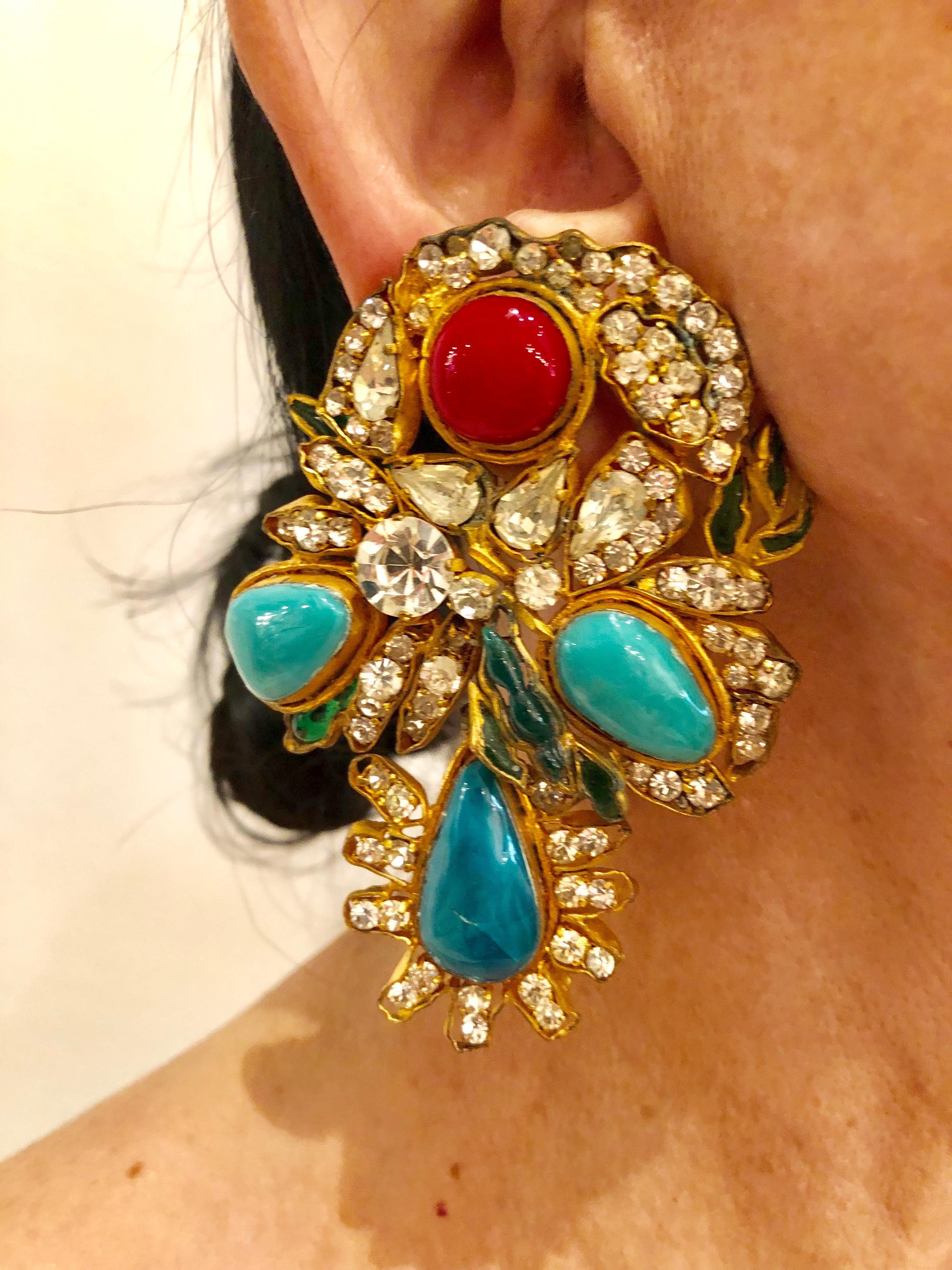 Monumental vintage Yves Saint Laurent haute coture mogul style clip-on statement earrings - the extrememly scarce clip on earrings are comprised out of  gilt metal (metal dore), pate de verre and strass stones and where produced in the famous