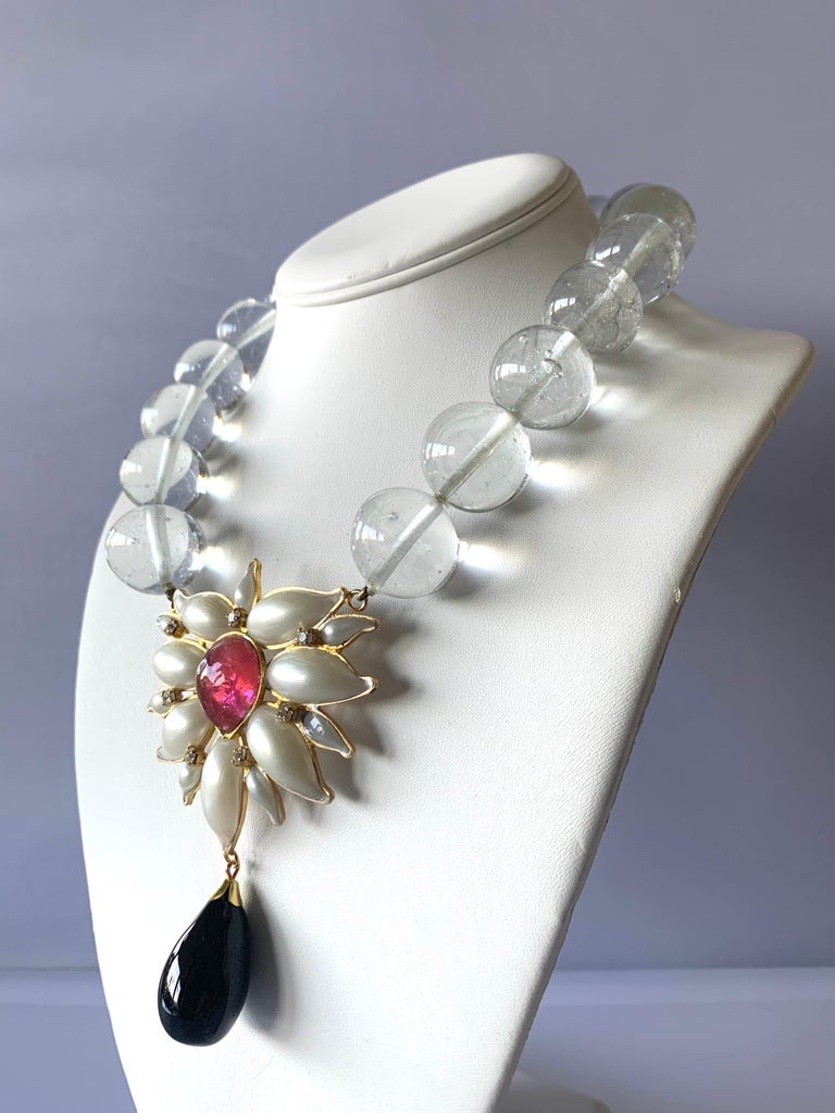  Scarce Vintage YSL statement necklace featuring a Mughal-inspired design. Comprised from polished clear beads, with a heart-shaped pendant of black and red poured glass 