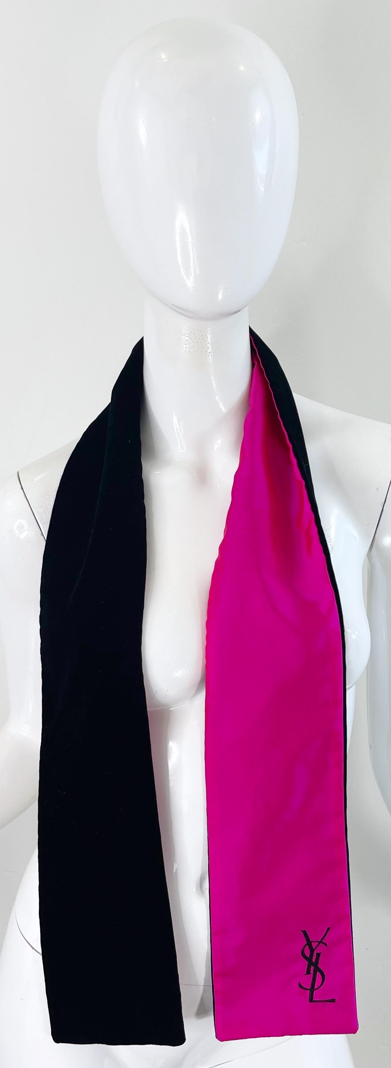 Vintage Yves Saint Laurent Hot Pink Silk Black Velvet Logo YSL Stole Scarf For Sale 7