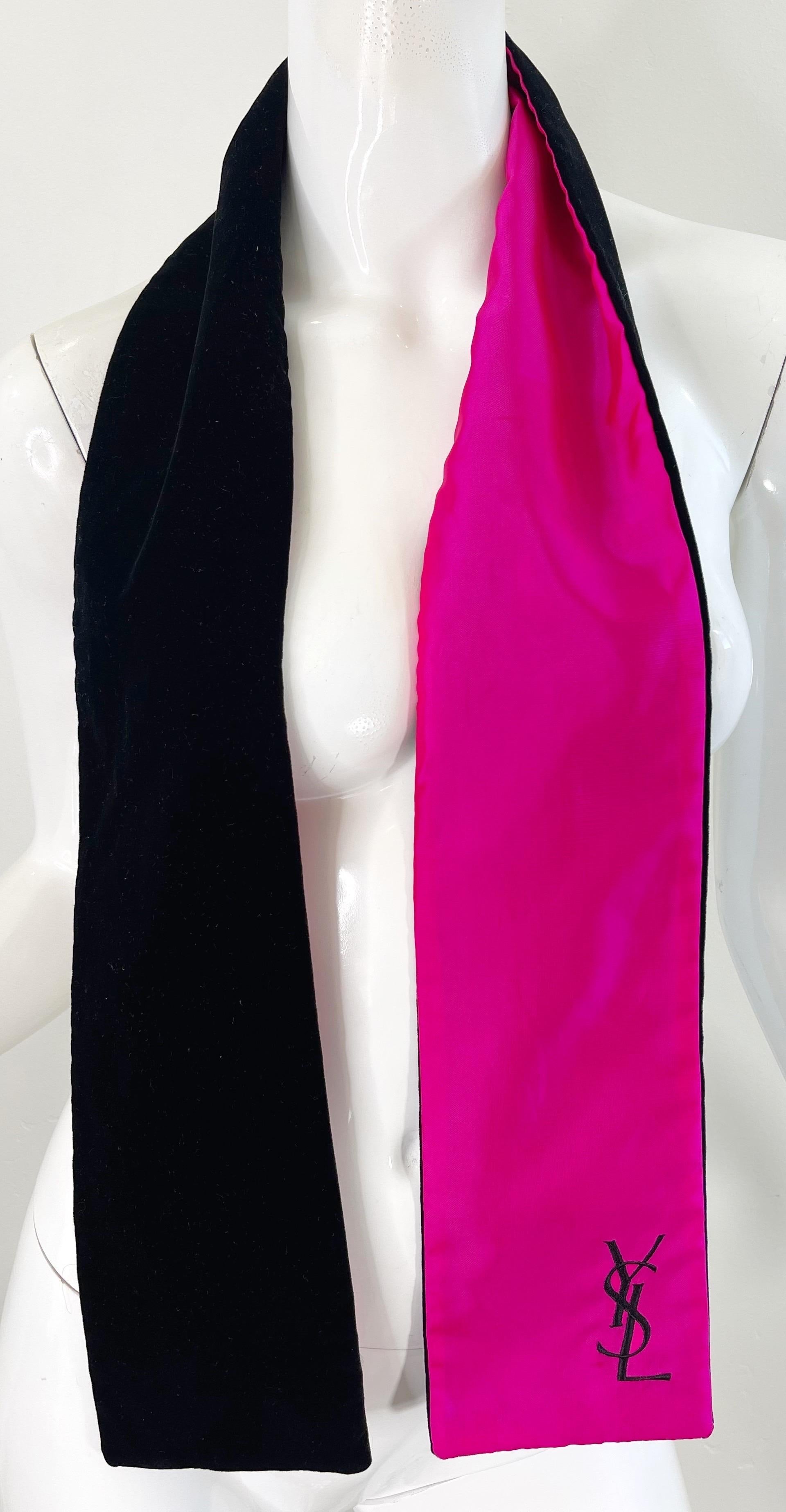 Vintage Yves Saint Laurent Hot Pink Silk Black Velvet Logo YSL Stole Scarf For Sale 8