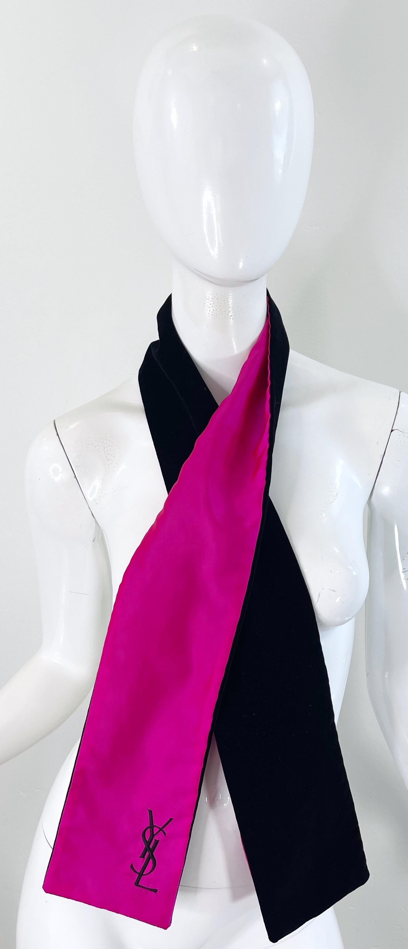 Vintage Yves Saint Laurent Hot Pink Silk Black Velvet Logo YSL Stole Scarf For Sale 9