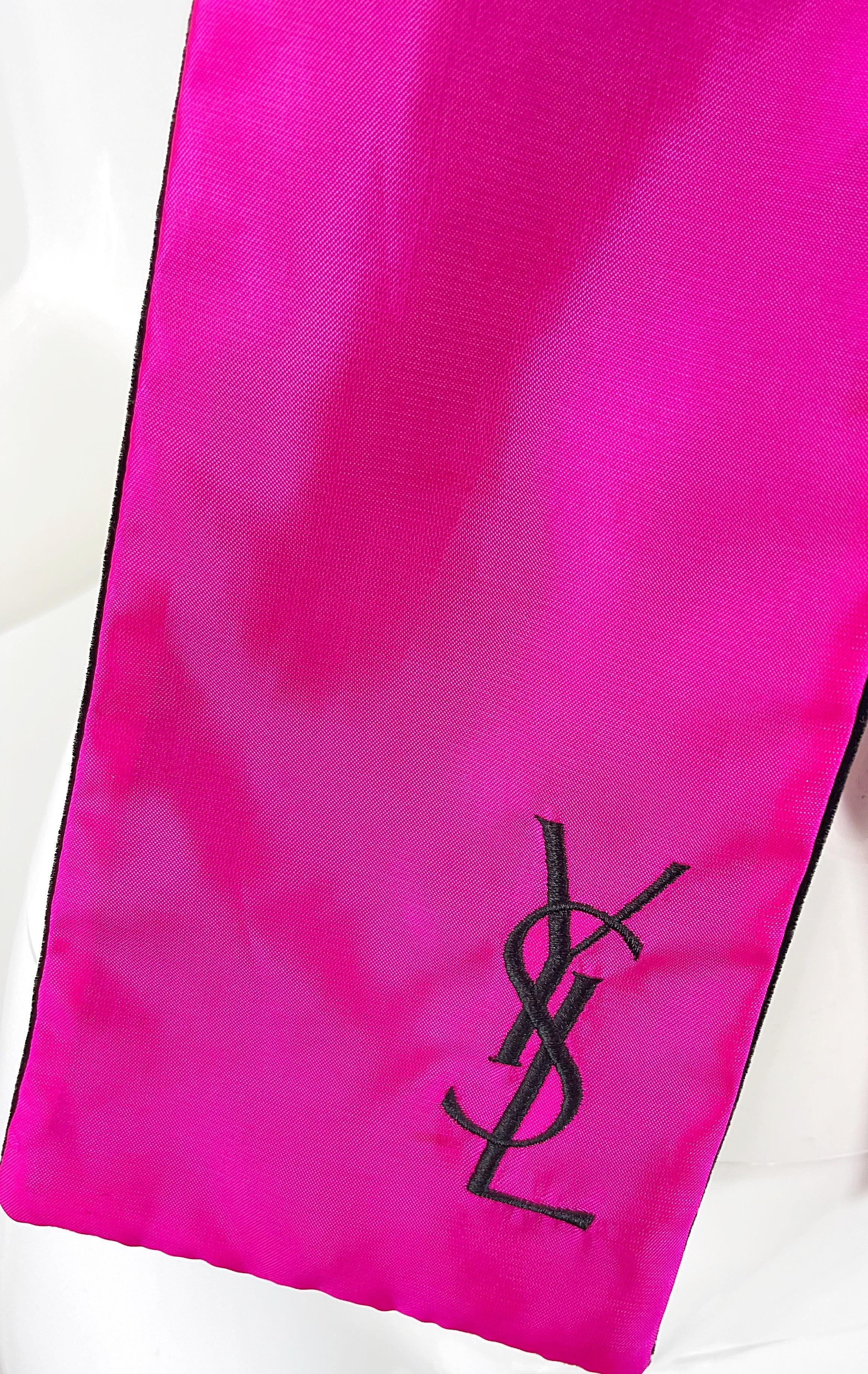 Red Vintage Yves Saint Laurent Hot Pink Silk Black Velvet Logo YSL Stole Scarf For Sale