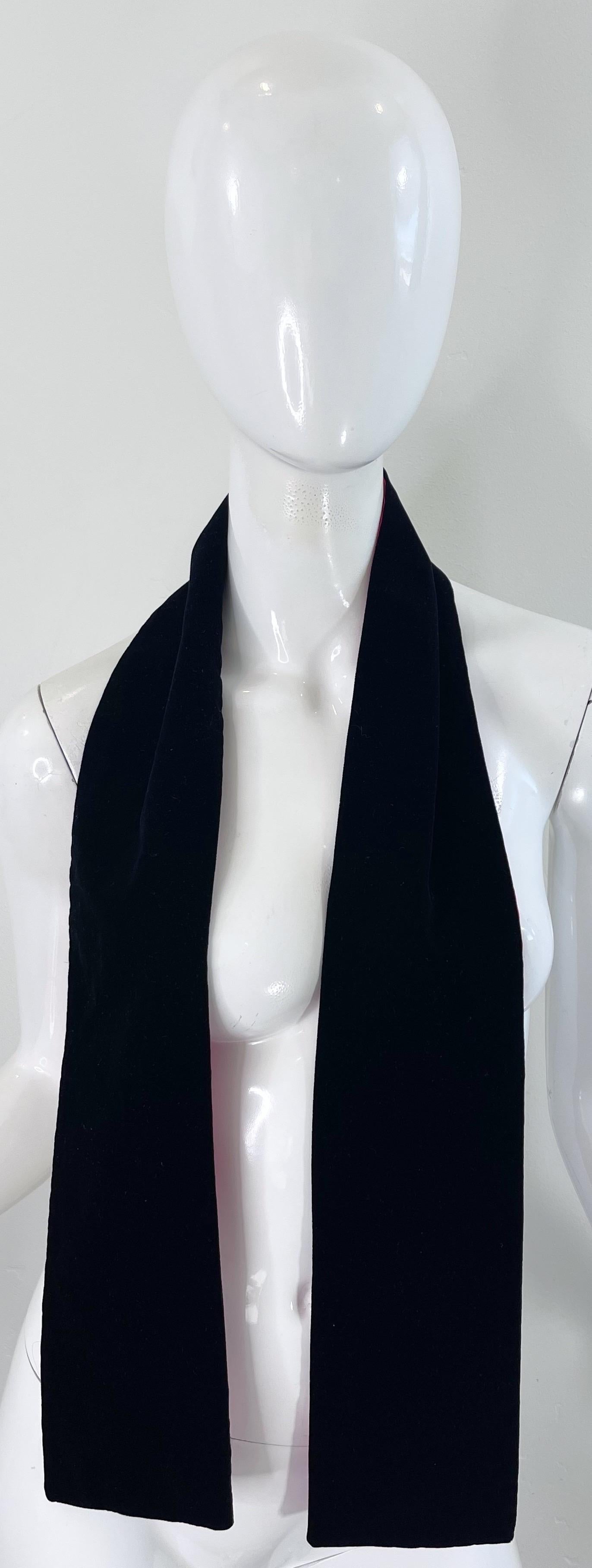 Vintage Yves Saint Laurent Hot Pink Silk Black Velvet Logo YSL Stole Scarf In Excellent Condition For Sale In San Diego, CA