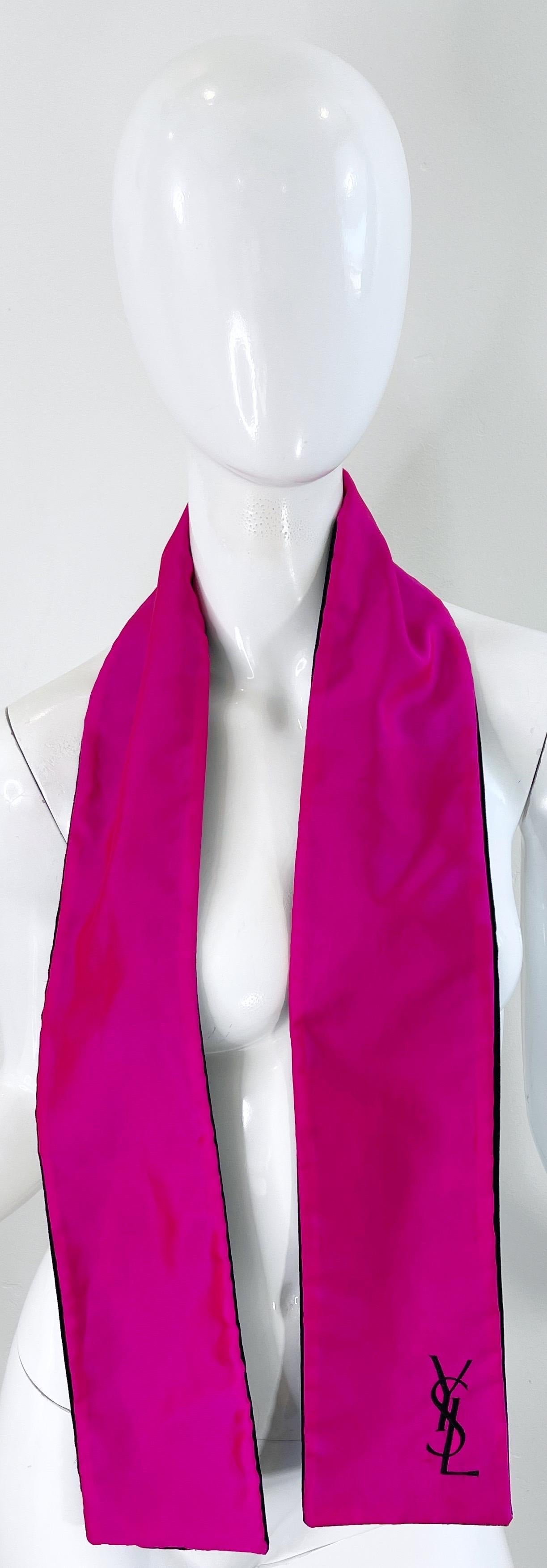 Women's or Men's Vintage Yves Saint Laurent Hot Pink Silk Black Velvet Logo YSL Stole Scarf For Sale