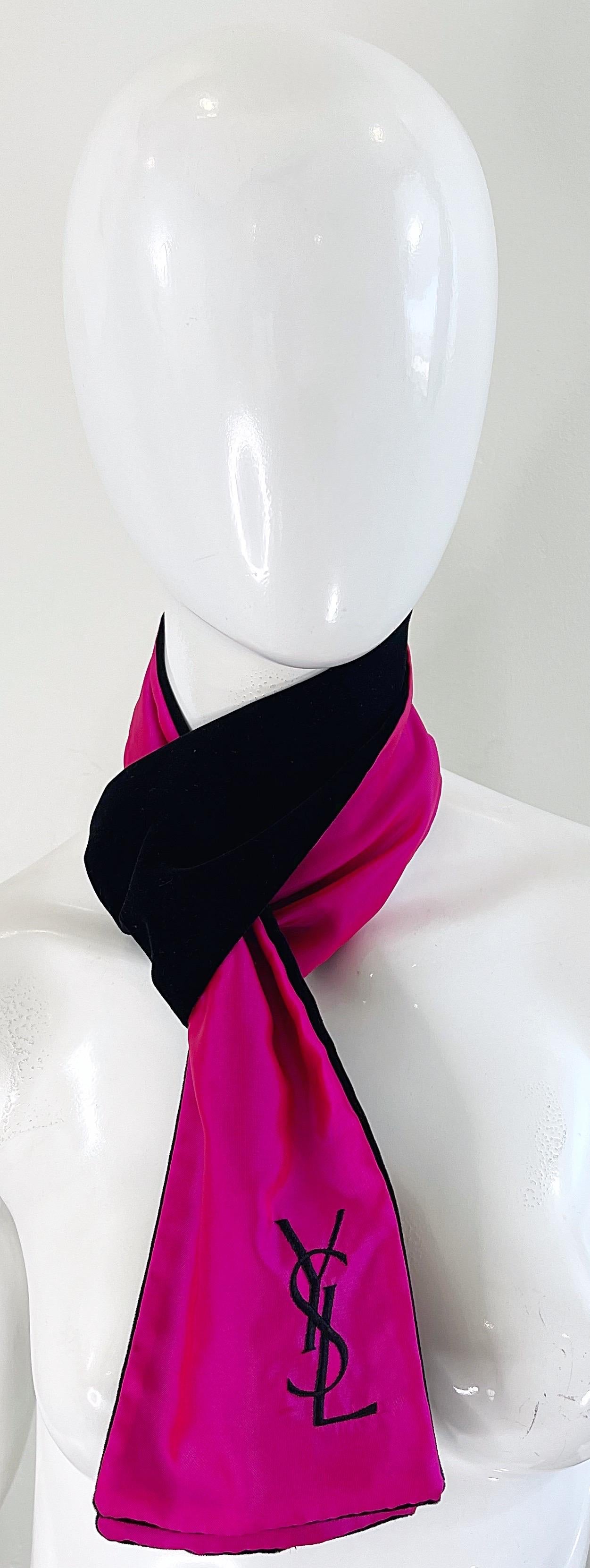 Vintage Yves Saint Laurent Hot Pink Silk Black Velvet Logo YSL Stole Scarf For Sale 1