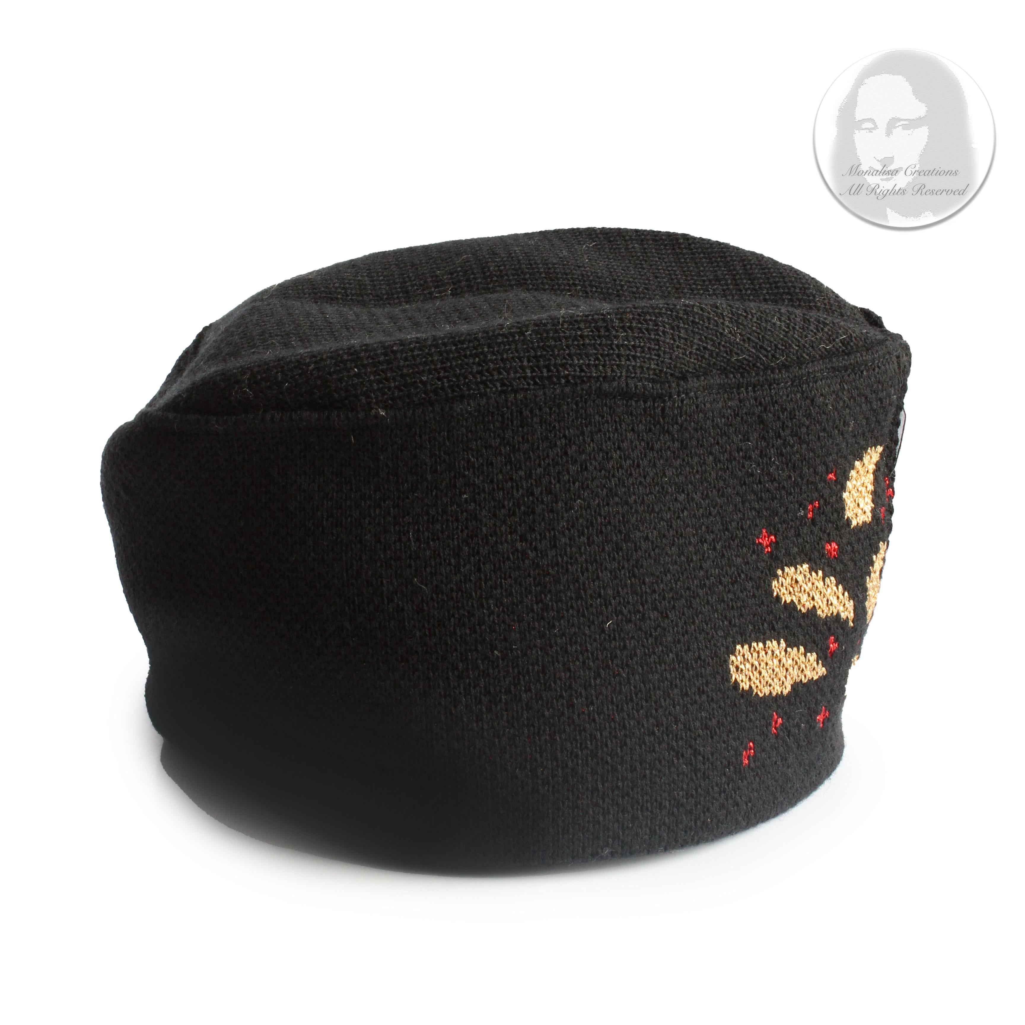 Vintage Yves Saint Laurent Knit Hat Cap Black Gold Red Metallic Paisley Rare  For Sale 4