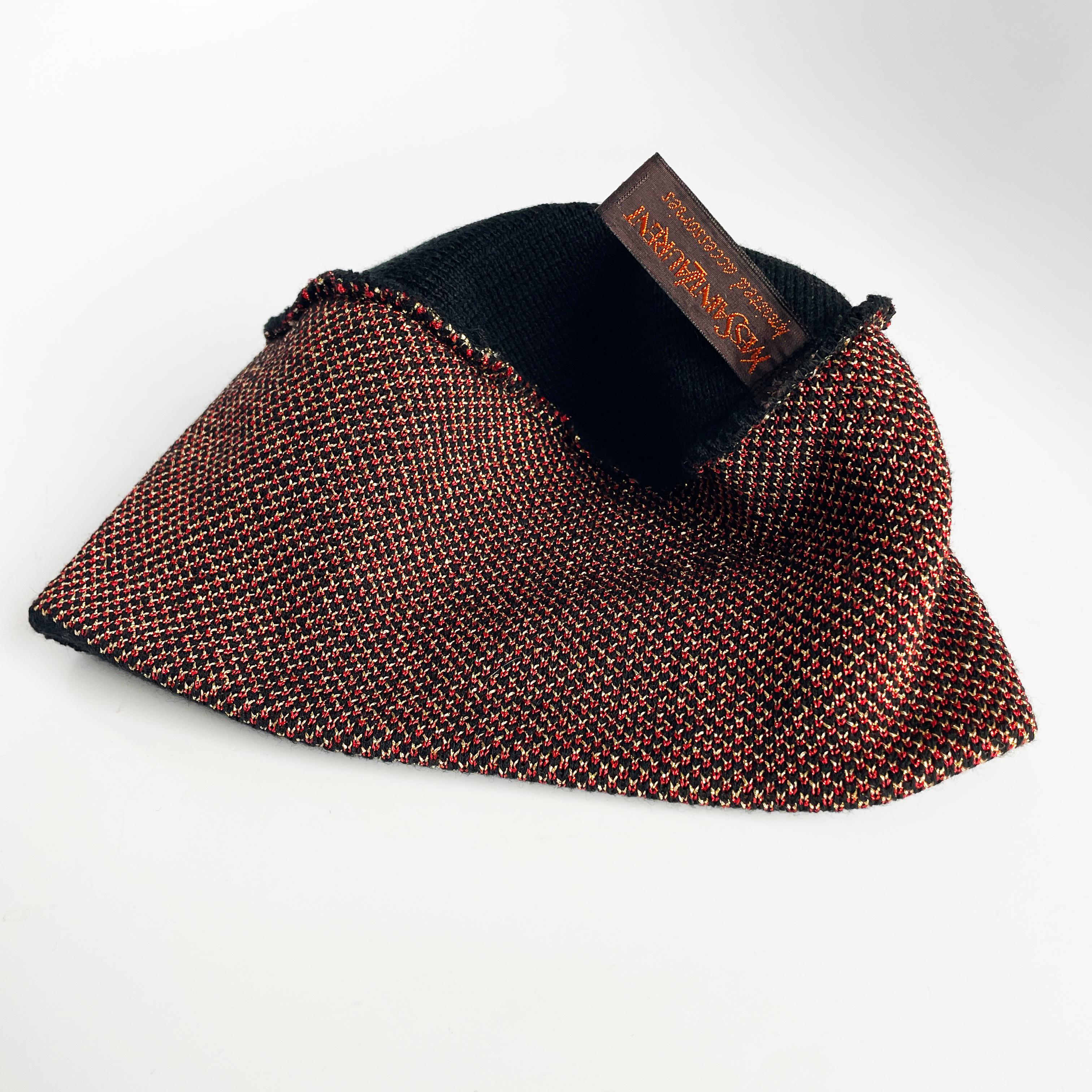 Vintage Yves Saint Laurent Knit Hat Cap Black Gold Red Metallic Paisley Rare For Sale 7