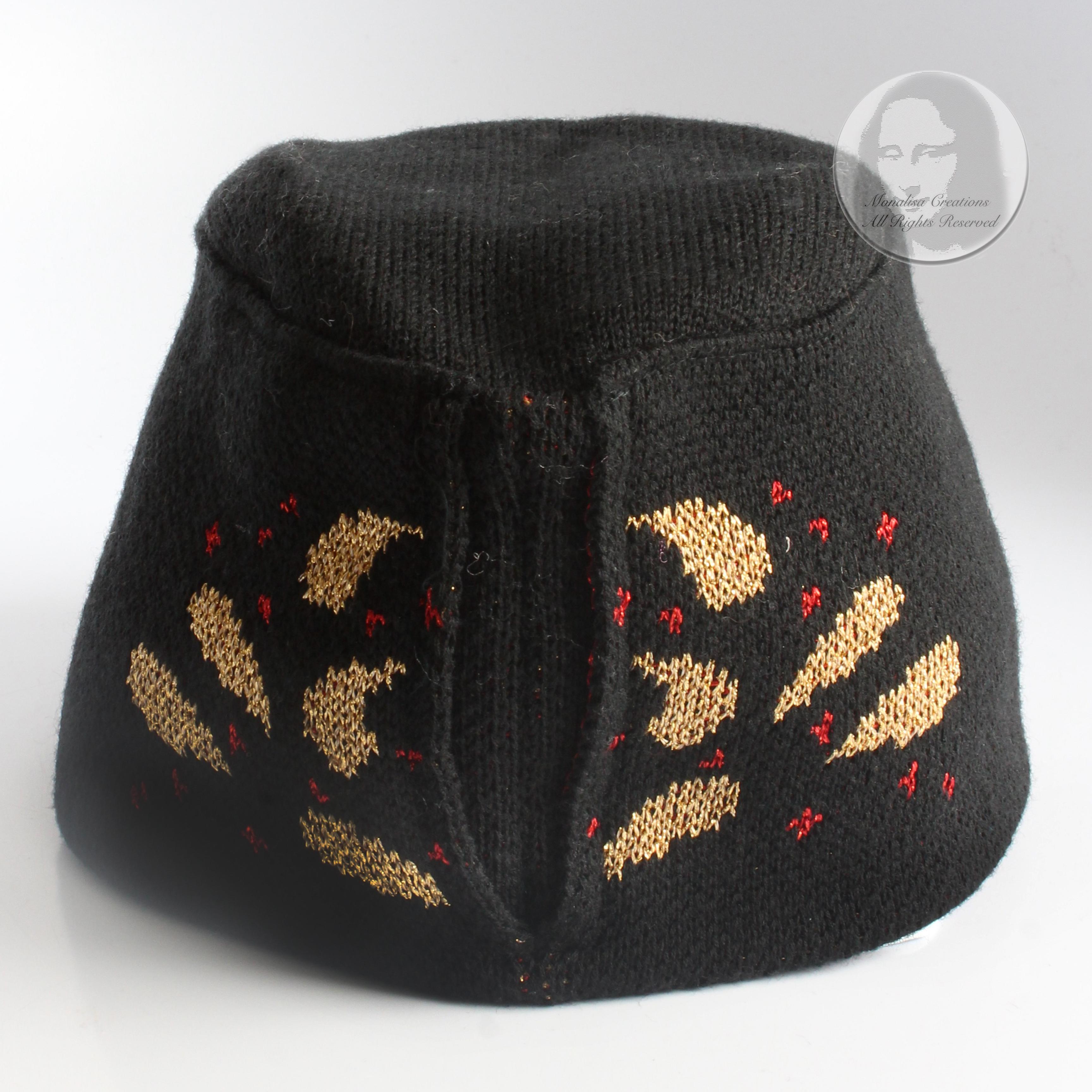 Vintage Yves Saint Laurent Knit Hat Cap Black Gold Red Metallic Paisley Rare  5