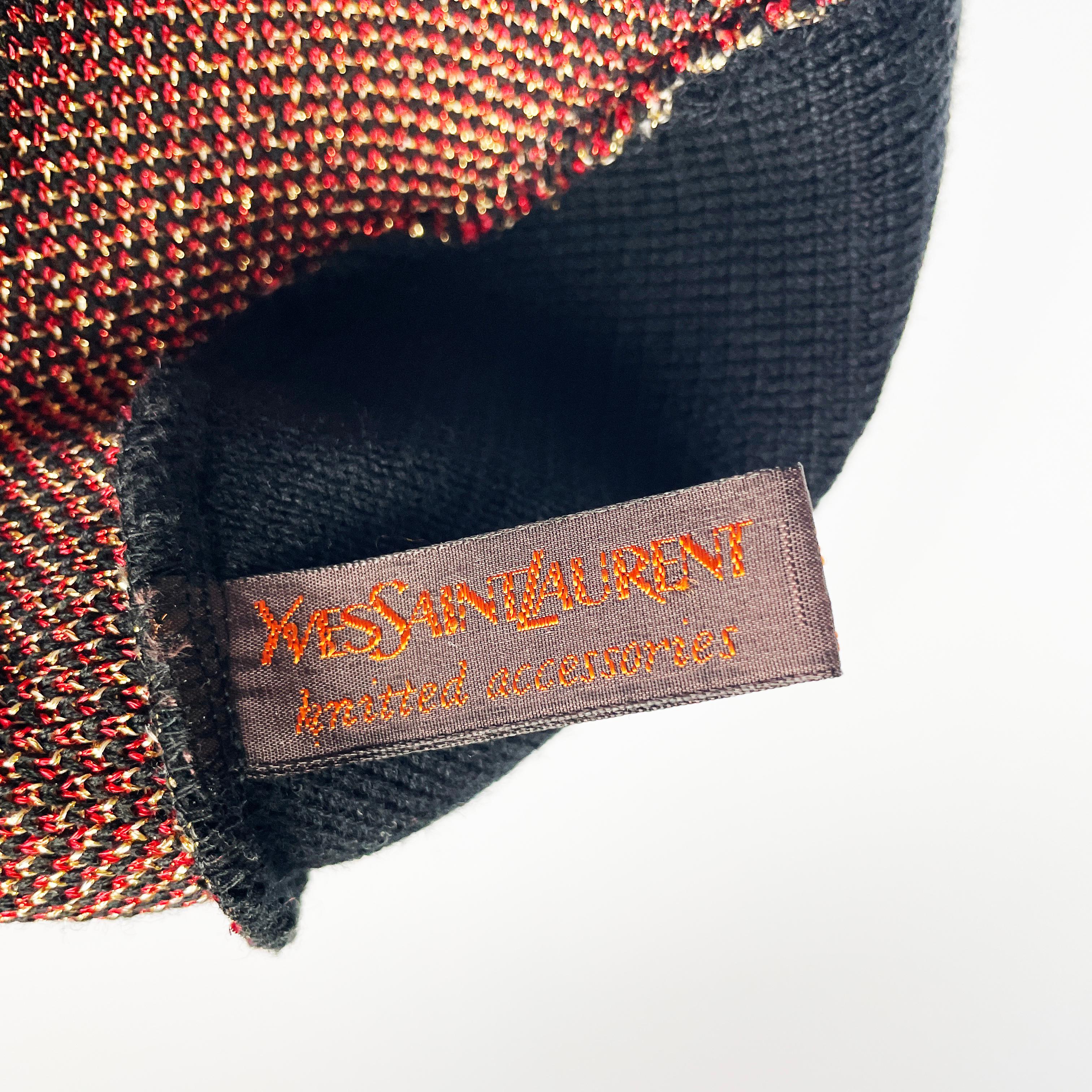 Vintage Yves Saint Laurent Knit Hat Cap Black Gold Red Metallic Paisley Rare For Sale 8