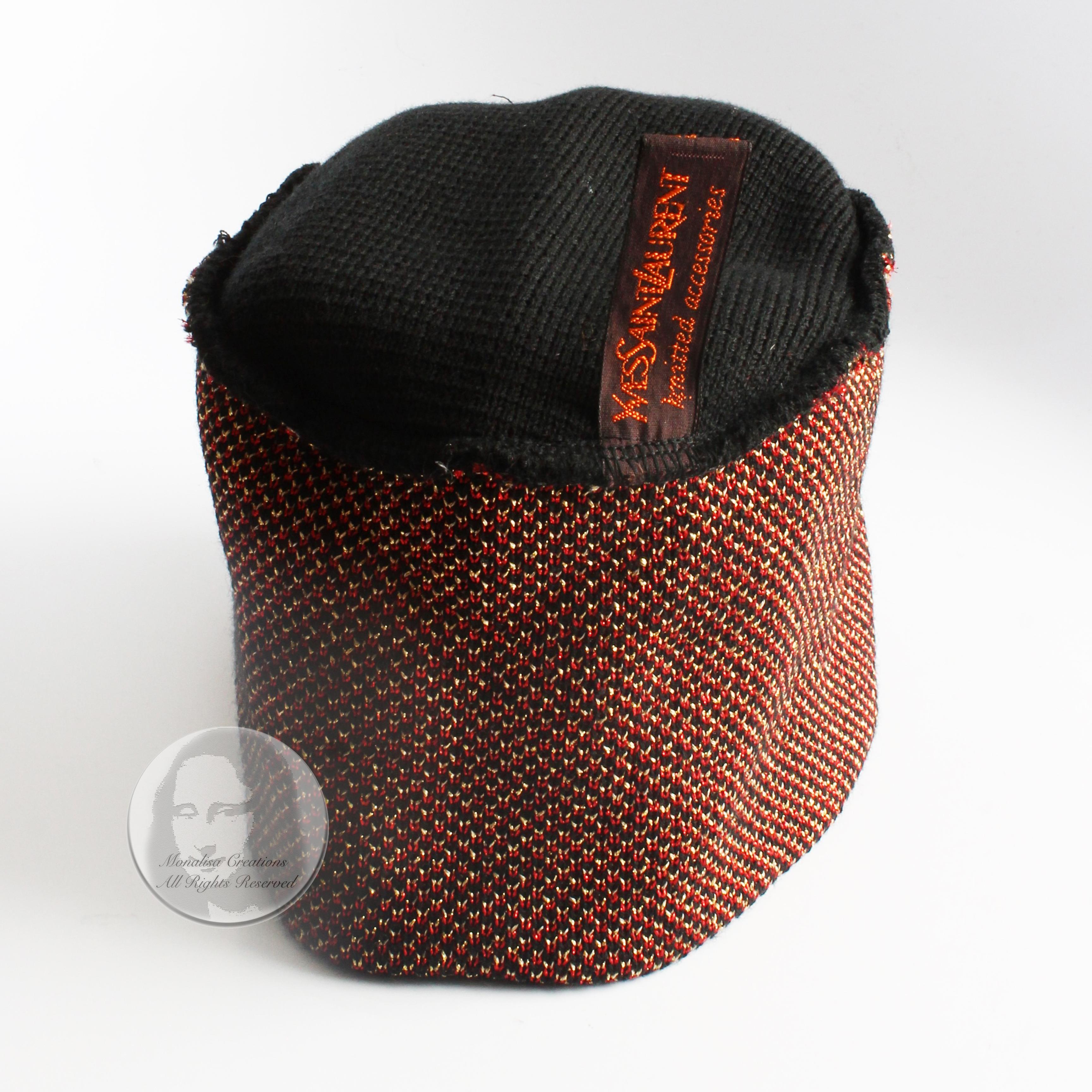 Vintage Yves Saint Laurent Knit Hat Cap Black Gold Red Metallic Paisley Rare  9